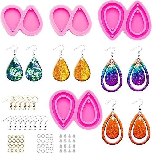 Kit de 104 moldes de resina para aretes, 4 moldes de silicona para joyería de resina, moldes de fundición epoxi con ganchos para aretes para aretes