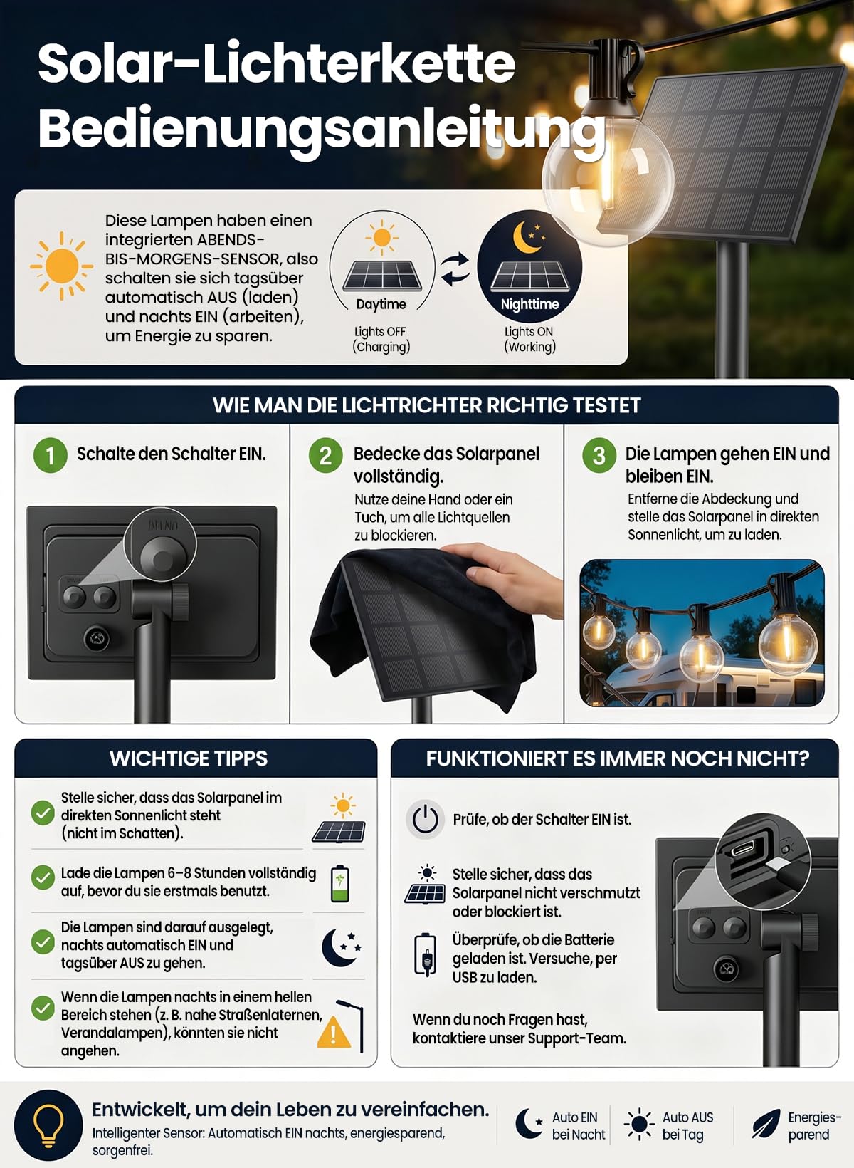 Solar Lichterkette Aussen 30M, LED Lichterkette Außen 50+2 Plastik Birnen Wasserdicht IP45 Glühbirnen für Outdoor, Garten,Terrasse,Bäume,Party Deko, 2700K Warmes Weiß