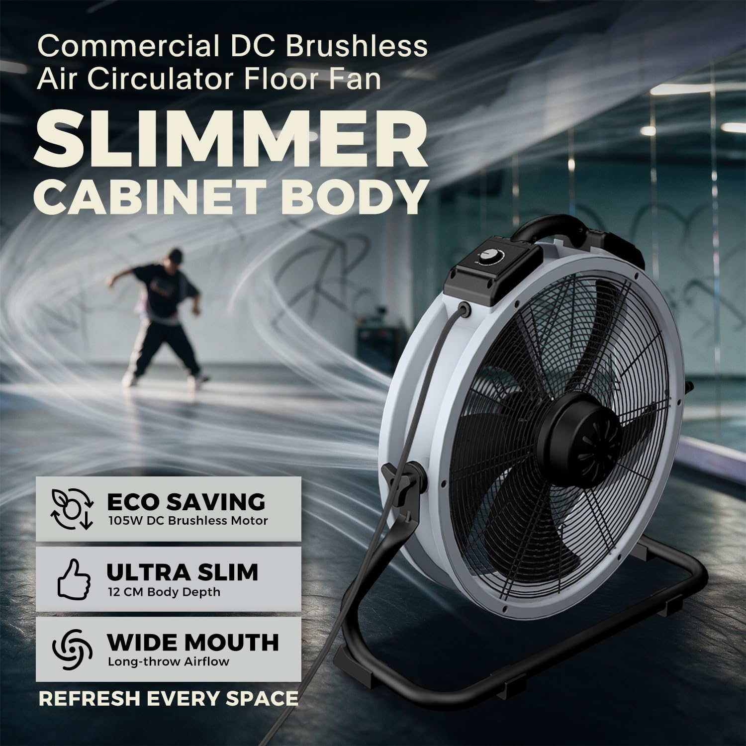 XPower FD-450DP - Ventilatore di circolazione dell'aria commerciale da 45,7 cm, motore brushless DC ultra a risparmio energetico da 105 W, ventola ad alta velocità ultra silenziosa con supporto