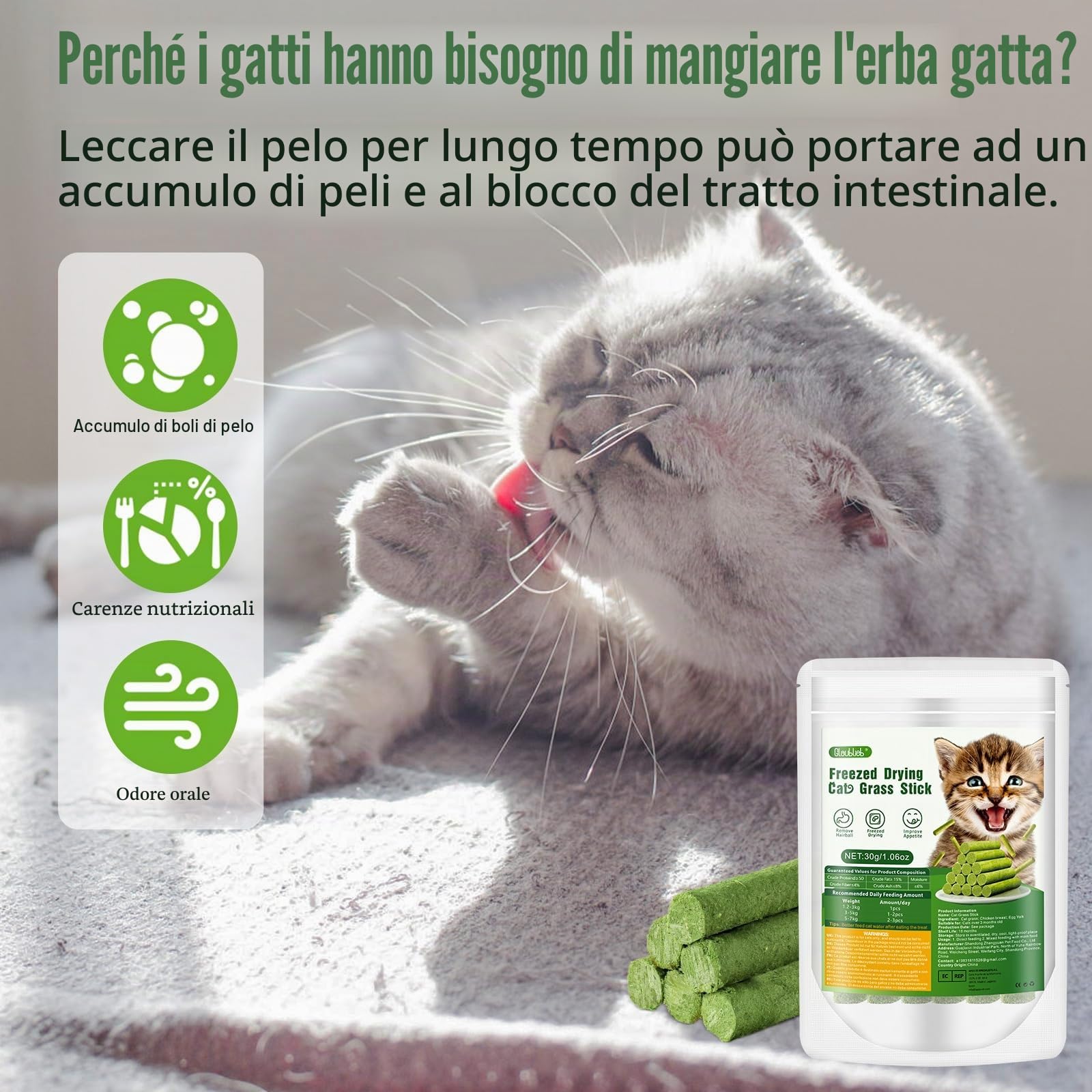 30g Bastoncini di Erba Gatta Liofilizzato, Snack per Gatti Erba Gatta per Gatti Pronta per Elimina Boli di Pelo e Pulizia dei Denti