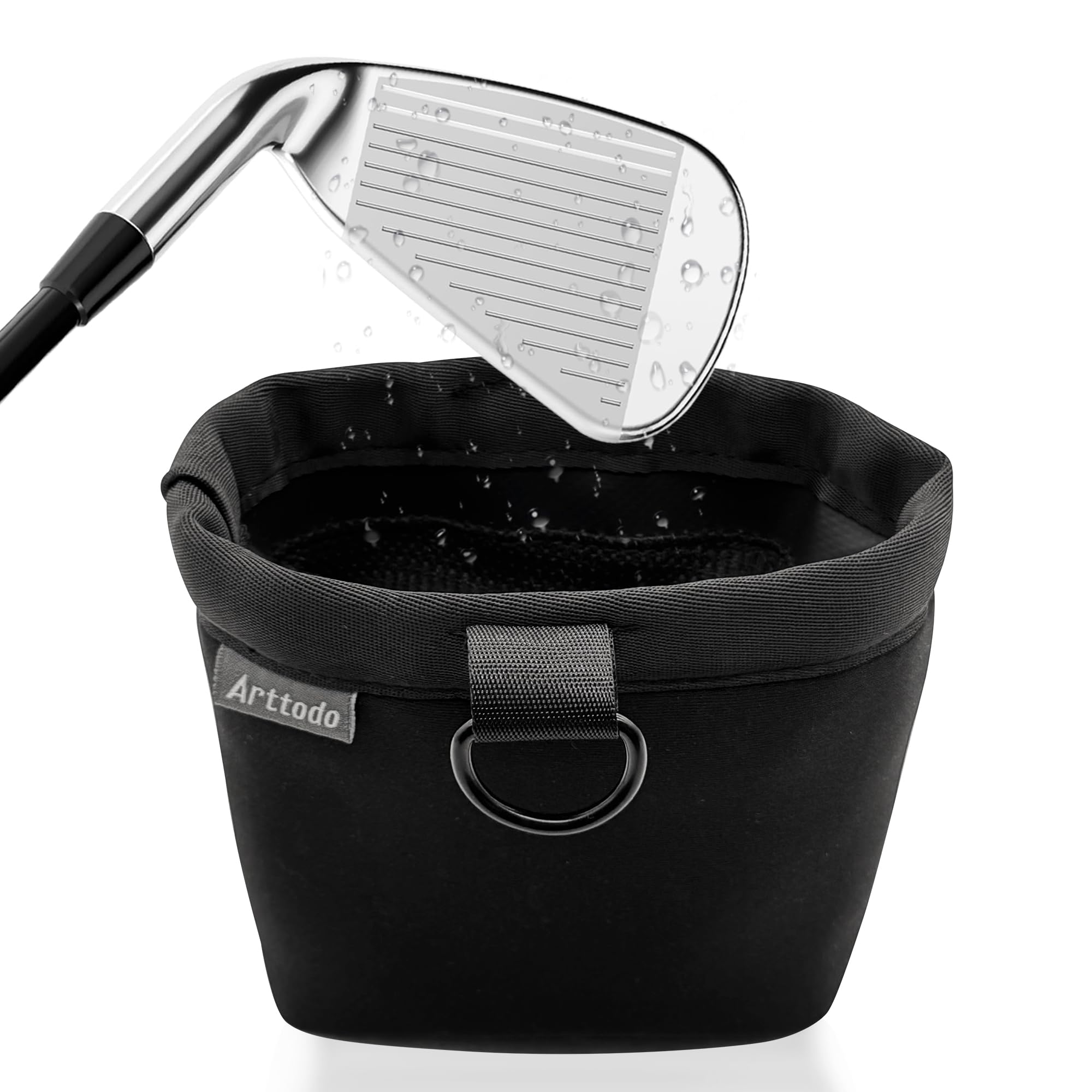 Arttodo Golf Club & Ball Cleaner Bag, Waterproof Liner Clean Club Grooves, Golf Cleaning Accessories with Quick Release Clip, Hangable on Bag Black