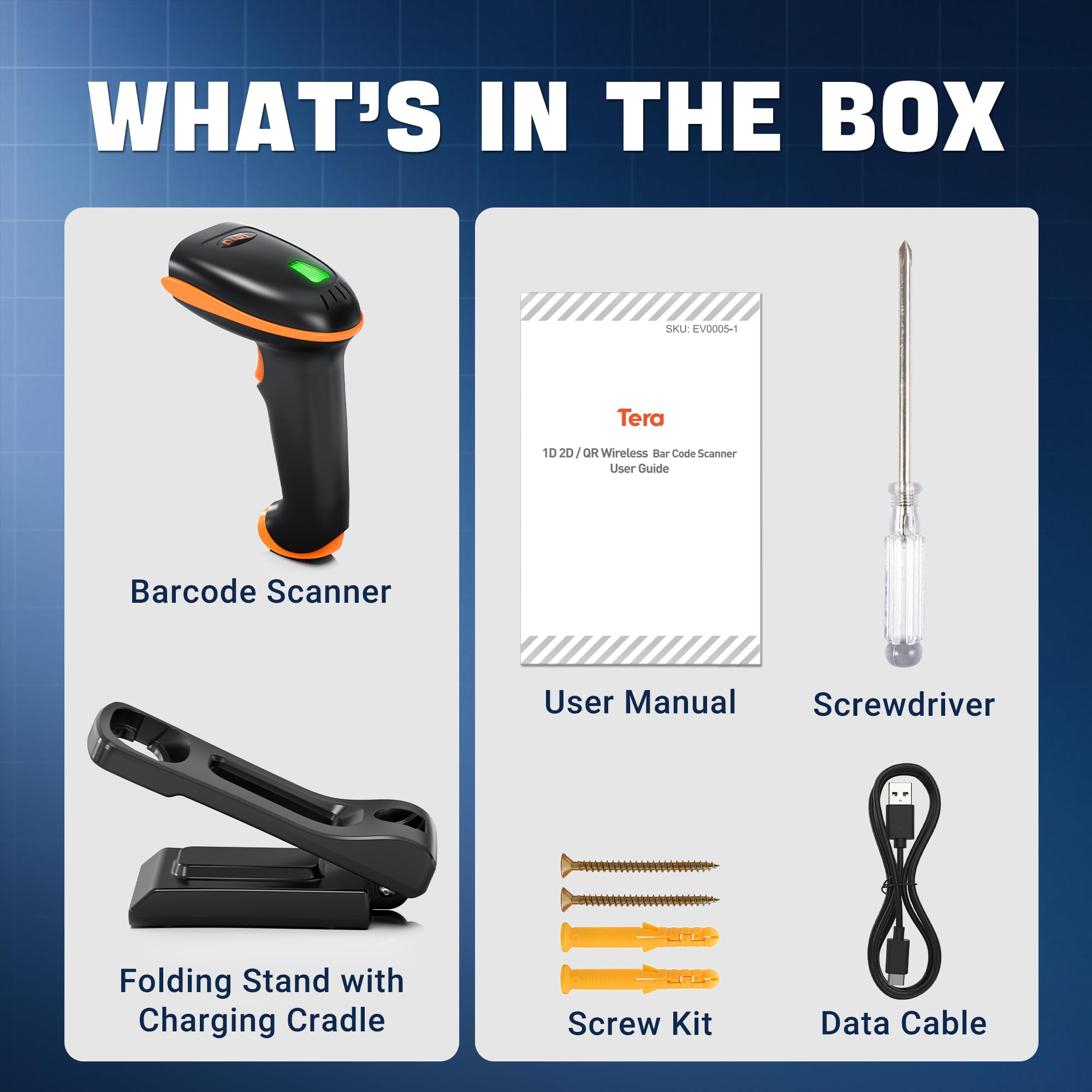 Tera Escáner de Código de Barras 1D 2D QR Inalámbrico 2.4G + USB 2.0 con Cable Mano Lector de con El Soporte Plegable Ajustable y la Base de Carga se Pueden Montar en la Pared, D5100-Z