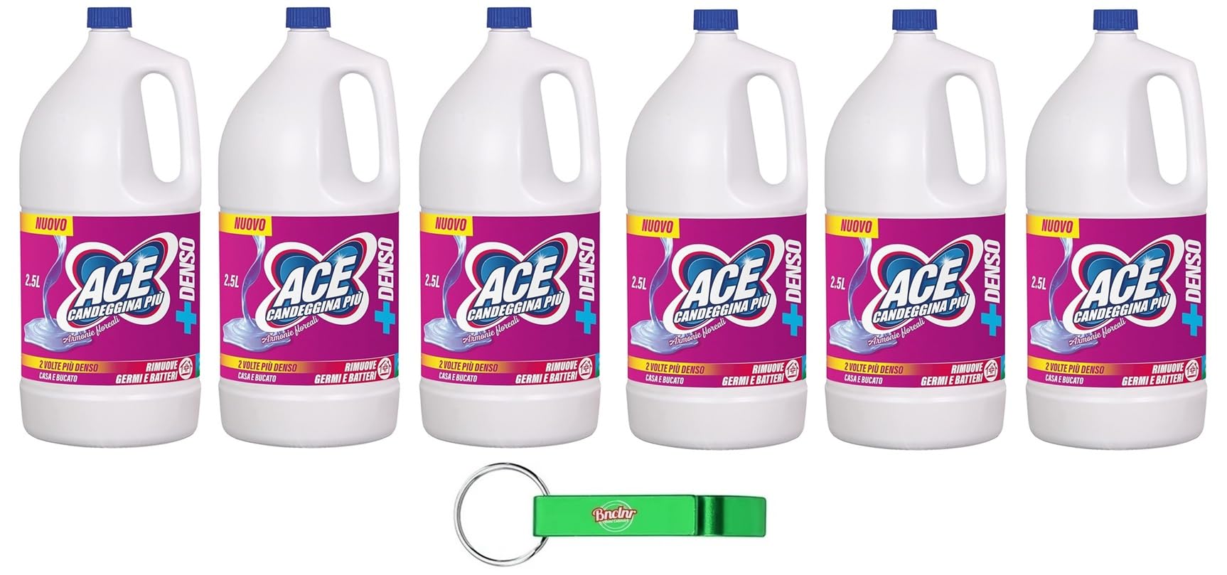 6x Ace Candeggina Più +Denso Armonie Floreali - igienizza superfici e bucato in profondità - Flacone 2,5Lt + Portachiavi Beni Culinari in Omaggio