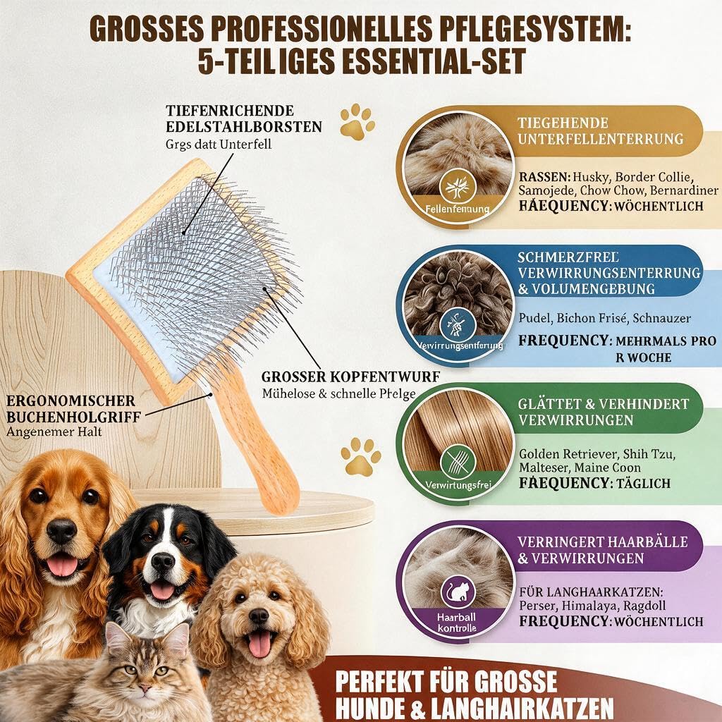 5-teiliges Hundepflege-Set – Große Slicker-Bürste mit langen Stiften für Doodles, Goldendoodles & Pudel – Hundebürste für lockiges Fell, Entfernt Verfilzungen & Knoten, Holzgriff – Holz