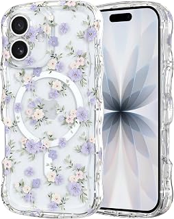 RALEAVO for iPhone 17 Case Cute Floral Magnetic Wavy Case,Purple Flowers | Cute Flowers Pattern & Curly Wave Frame Design,Compatible with Magsafe,Clear Acrylic Shockproof Case for iPhone 17