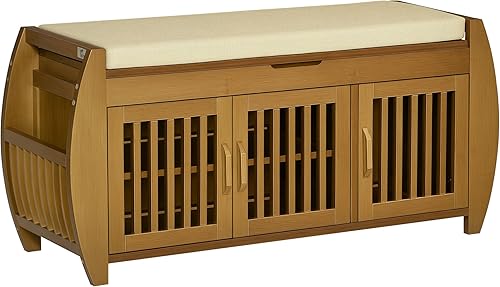 HOMCOM Banco de zapatos con armarios de almacenamiento, banco de entrada de bambú con cojín de asiento, 3 puertas, estante lateral y compartimento