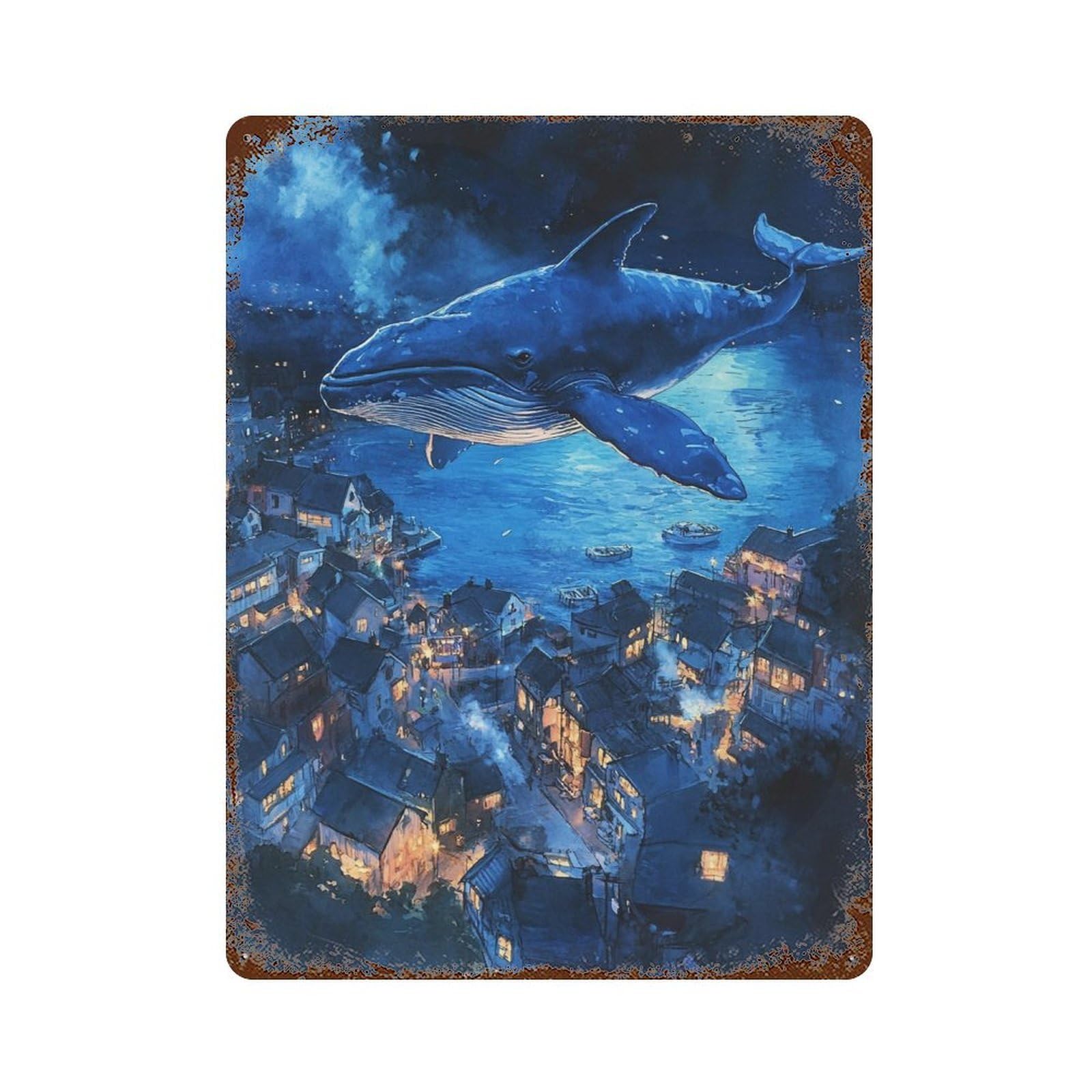Whale Over Coastal Town Rustic Tin Plaque 15.7"x11.8", for Pub, Kitchen And Man Cave Decor, Vintage Wall Decor
