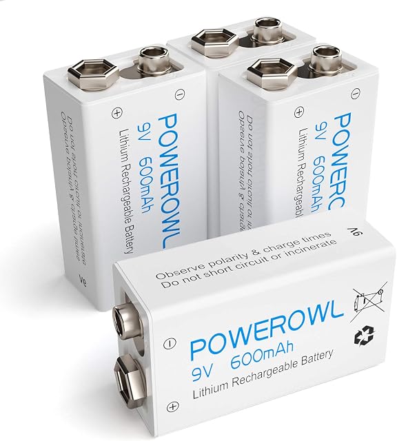 9V Rechargeable Batteries, POWEROWL High Capacity 600mAh 9V Li-ion PP3 Batteries for Microphone, Smoke Alarm, Electric Games, Walkie-talkies, and other devices(4 Pack)