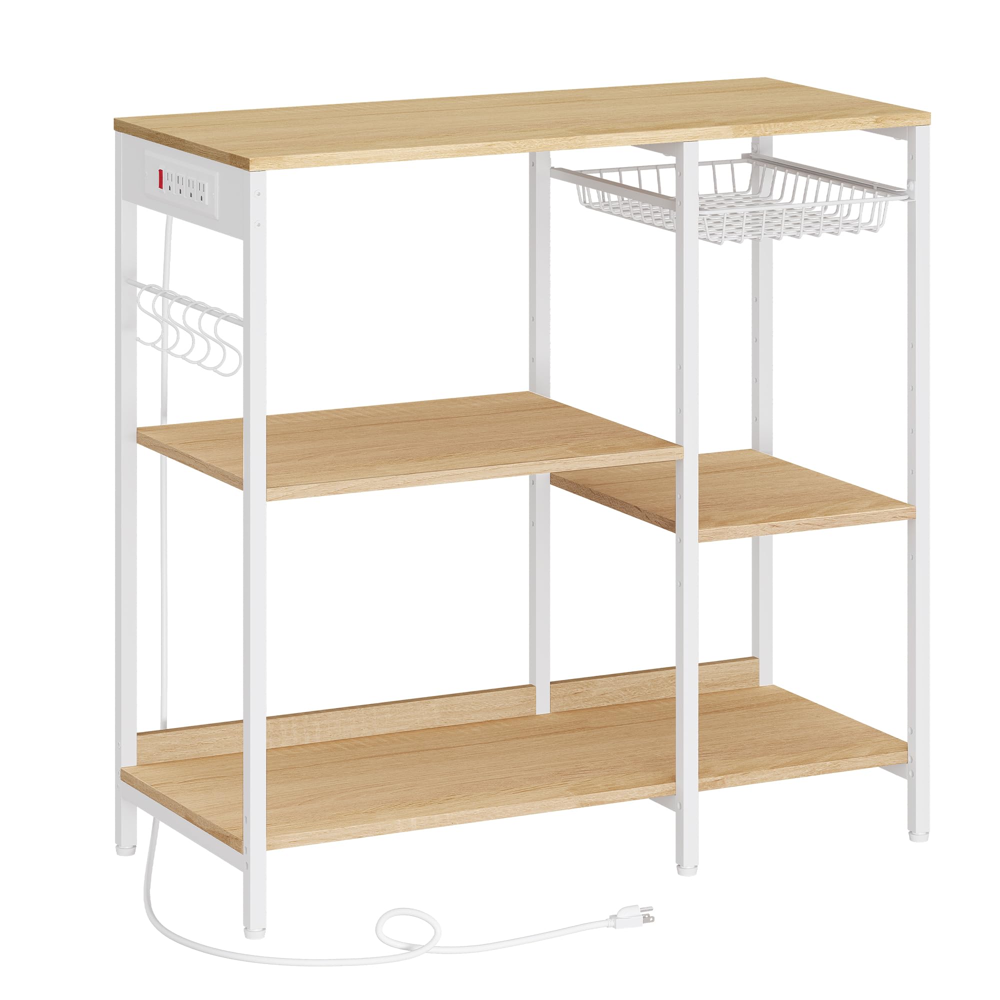 VASAGLE Baker's Rack, Coffee Bar Stand with Charging Station, Storage Shelves, Pull-Out Wire Basket, Table for Microwave, Kitchen, Oak Beige UKKS036Y09, 15.7 x 35.4 x 35.6 Inches