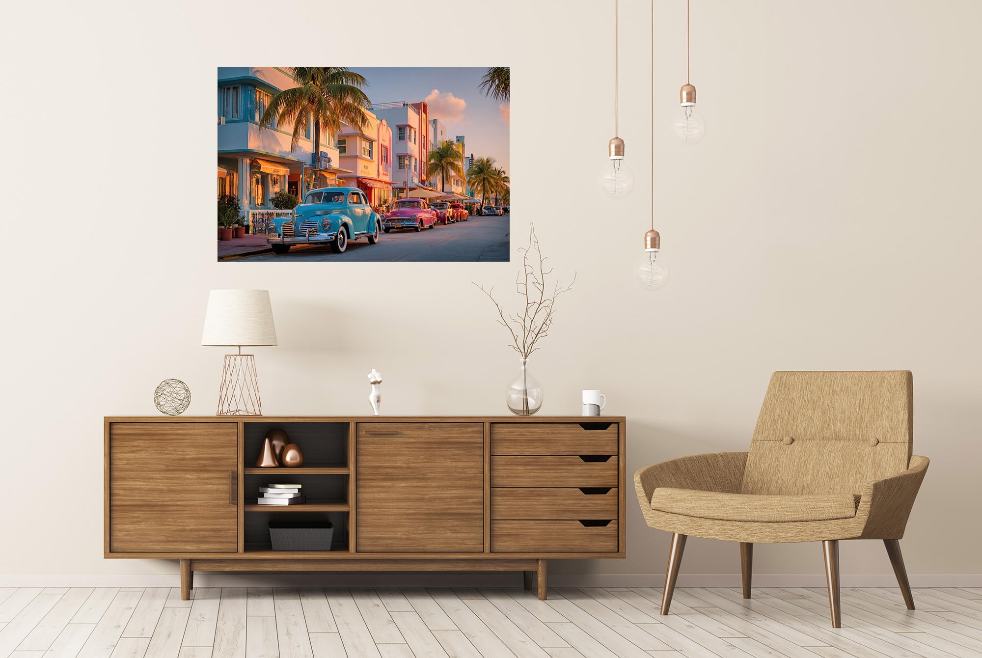 islandburner Poster de qualité supérieure - Quartier d'art déco coloré à Miami au coucher du soleil - Grand format
