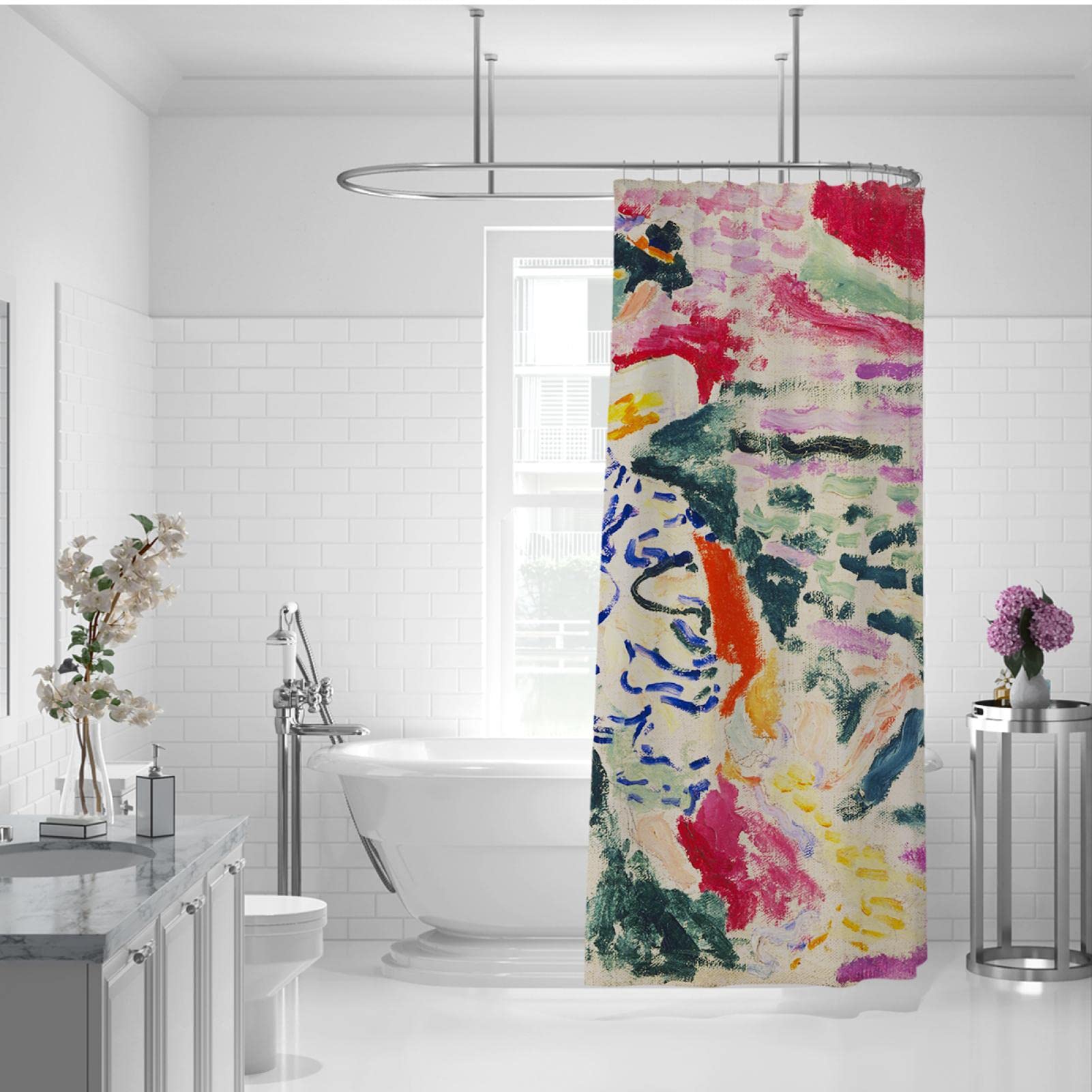 DINGSION Abstract Multicolour Aesthetic Design Shower Curtain Liner Henri Matisse Artwork Japanese Woman At the Seashore Bath Curtains Set W180xL240cm - Image 2