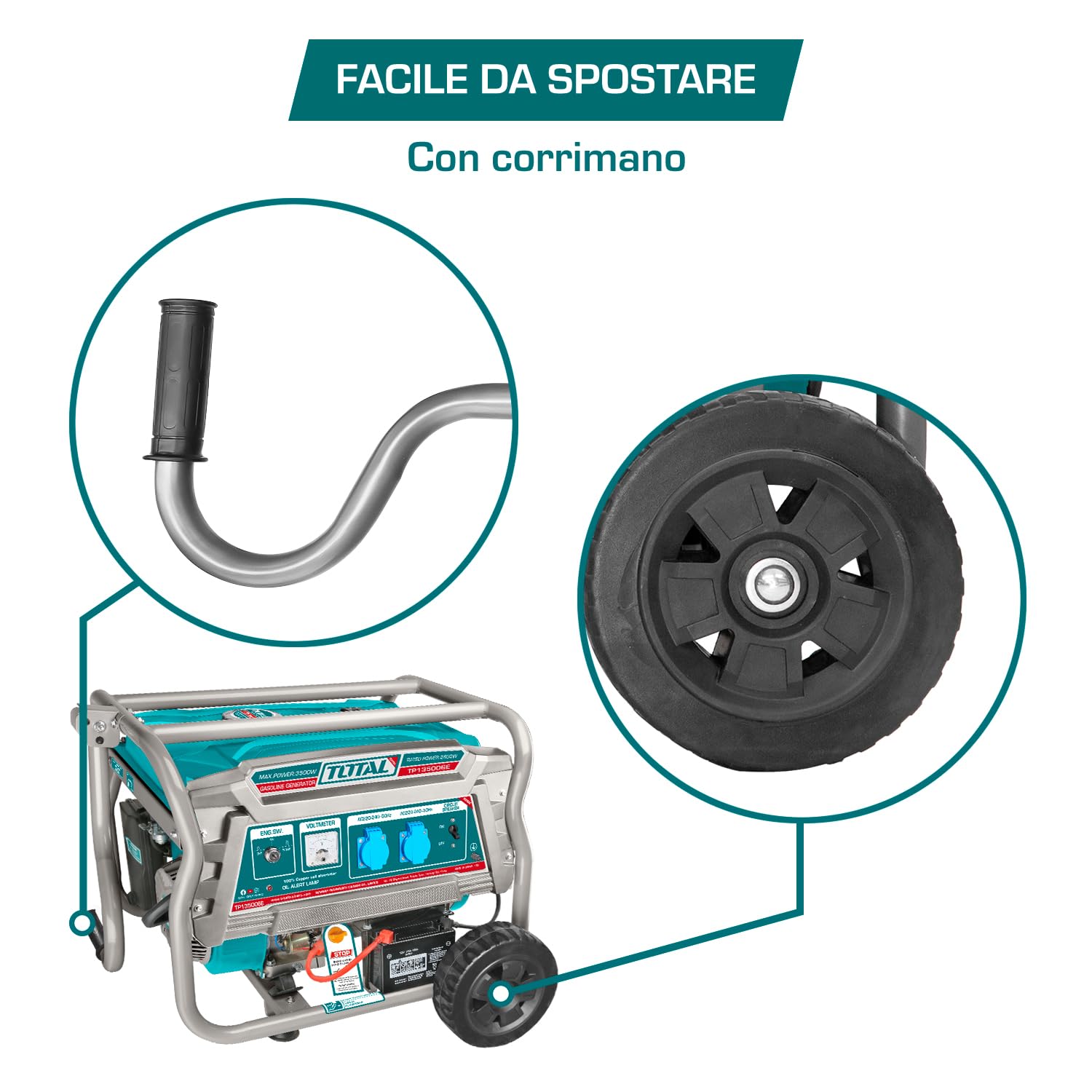 TOTAL - Generatore di Corrente Portatile 3500W a Benzina, Alternatore in Rame, Avviamento Elettrico e Manuale, Motore 4 Tempi OHV, Silenziato, Serbatoio 15L, Ruote e Impugnatura