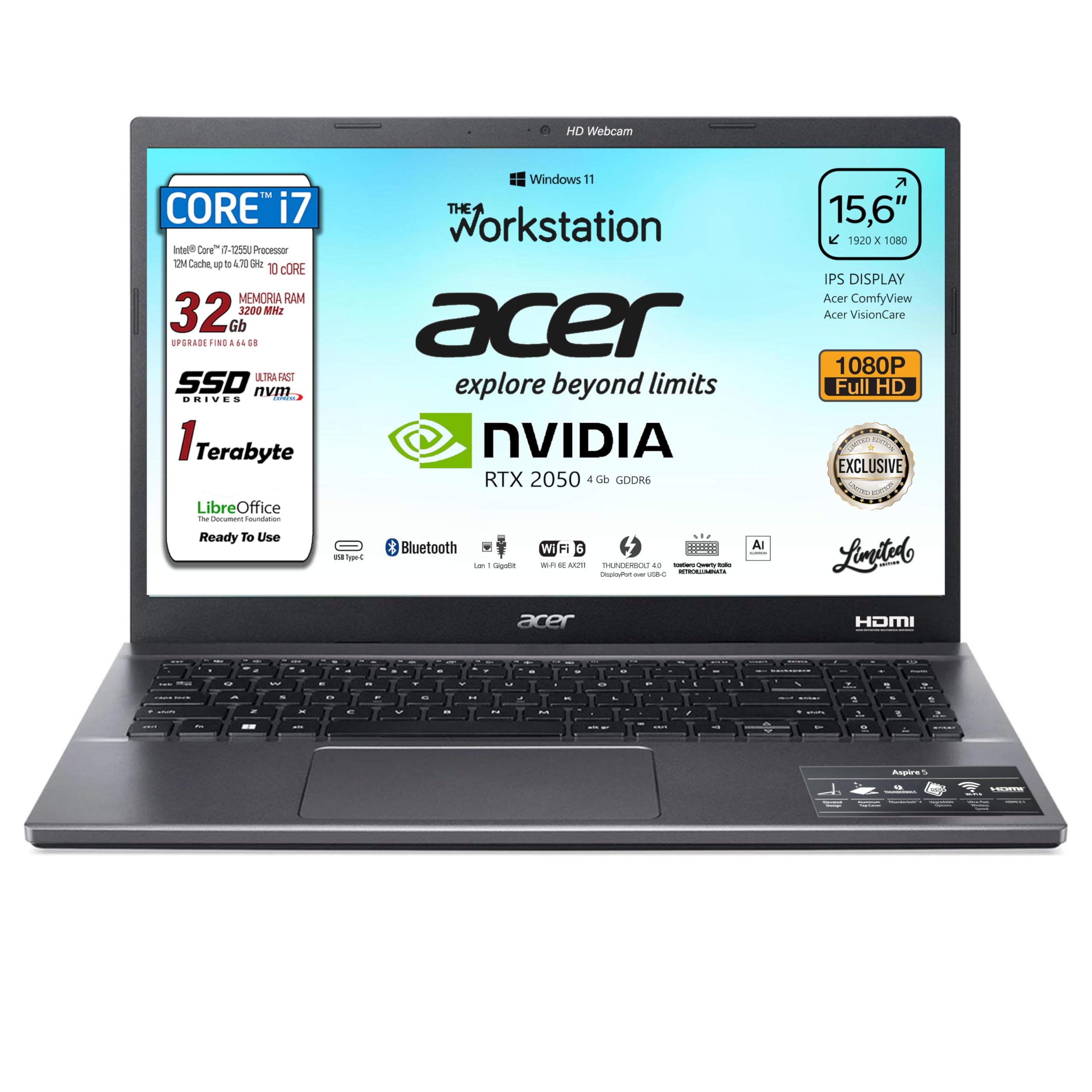 Acer Notebook Intel i7-1255U 10 Core 32GB RAM SSD 1TB 15.6" Full HD | 4.7GHz, Nvidia Geforce RTX 2050, Tastiera retroilluminata, Wi-Fi 6, Win 11 pronto all'uso