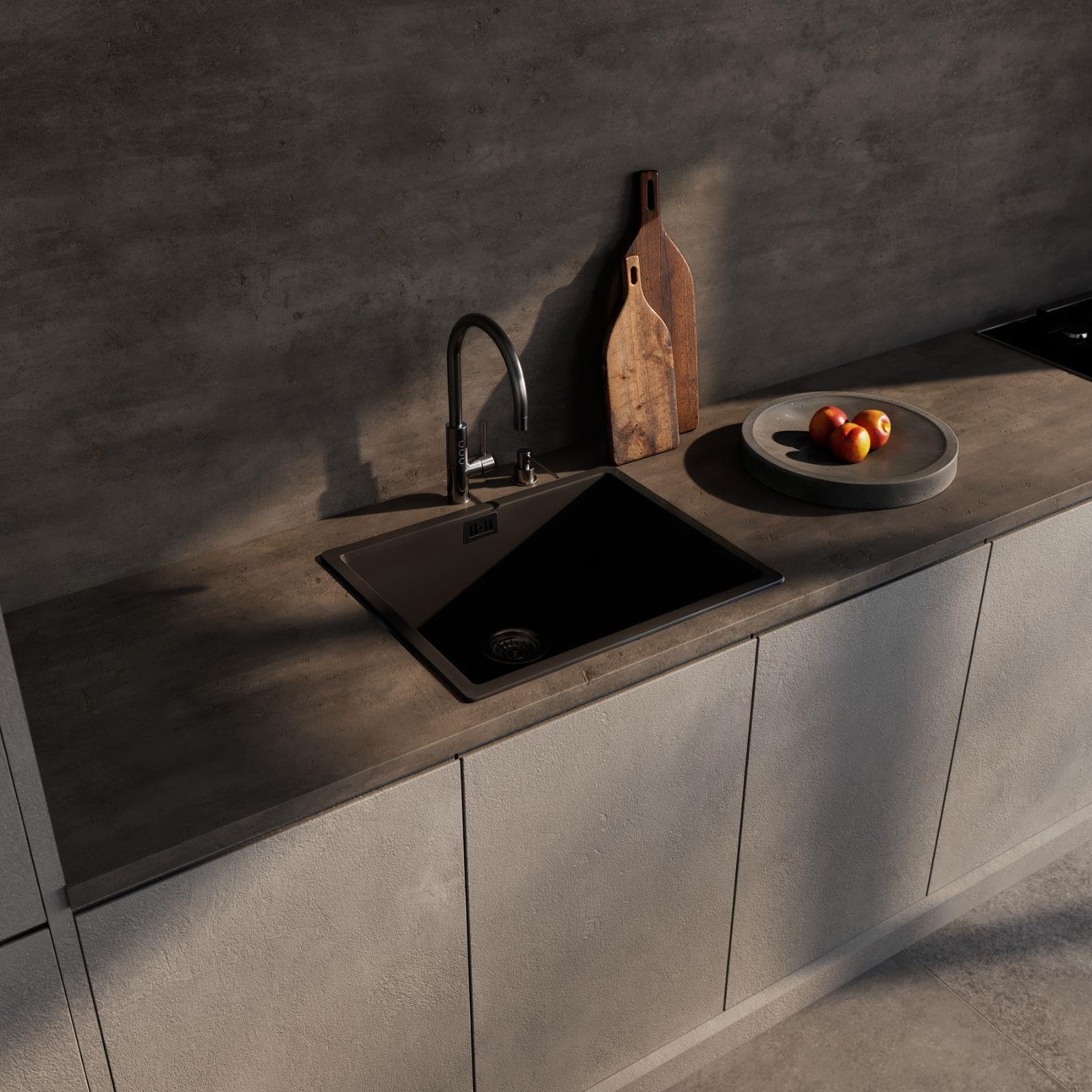 LD54BL – Fregadero de cocina 1 seno negro – Composite BIO – Empotrable o Bajo Encimera – 55 x 45 x 20,8 cm