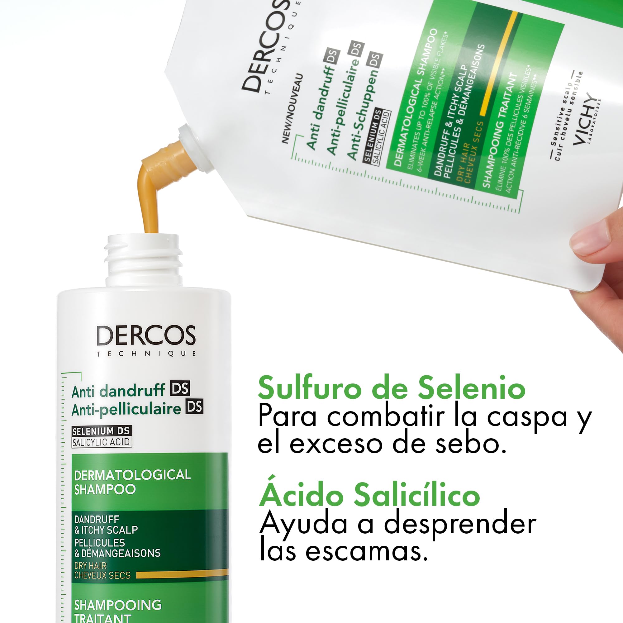 Vichy Dercos Eco-Ricarica Shampoo Anti-Forfora DS per Capelli Secchi, Azione Anti-Prurito e Anti-Ricomparsa, Arricchito Con Selenio, Formato Eco-Ricarica, 390 ml