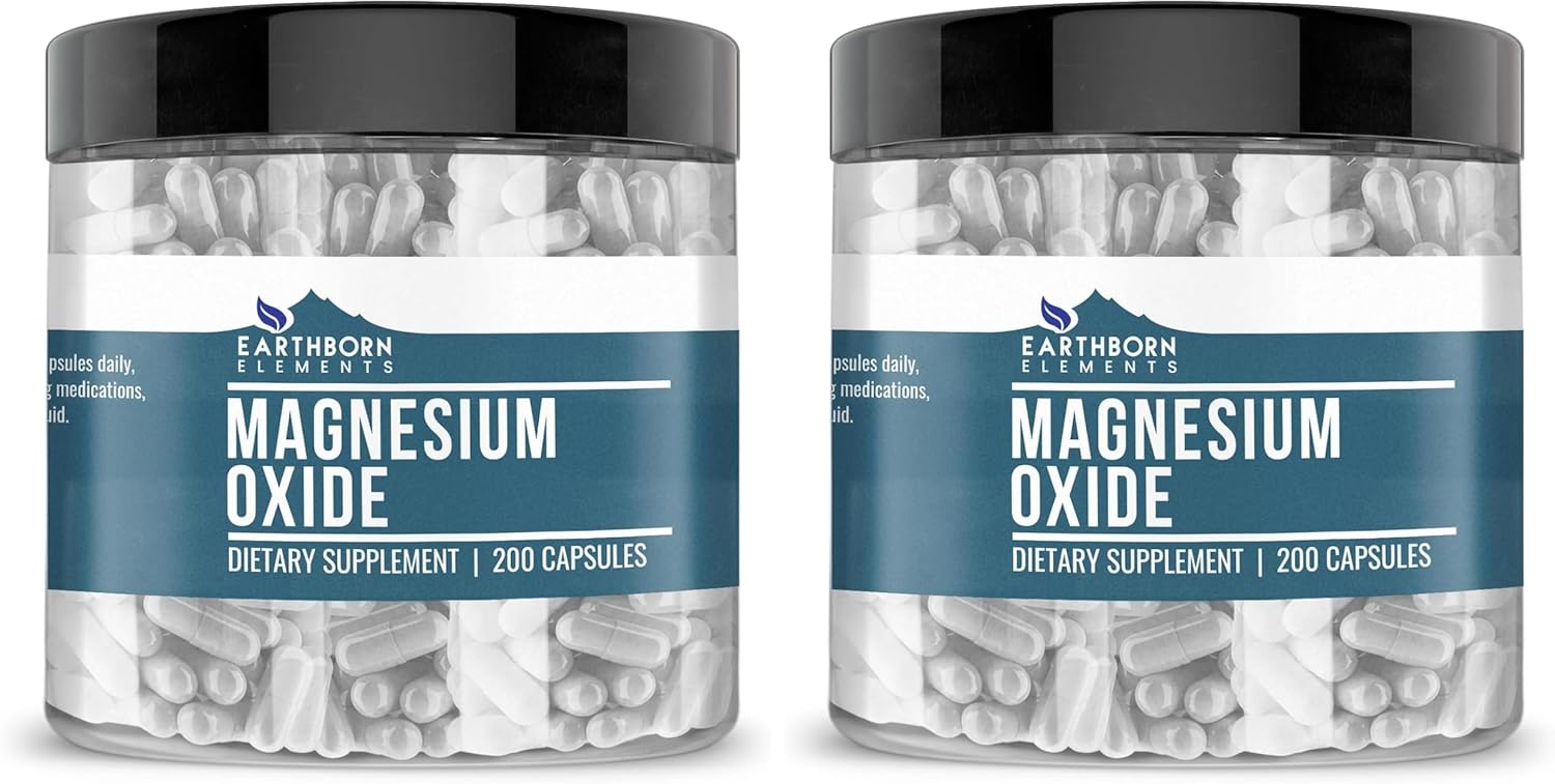 Earthborn Elements Magnesium Oxide, 200 Capsules, Pure & Undiluted, No Additives (Pack of 2)