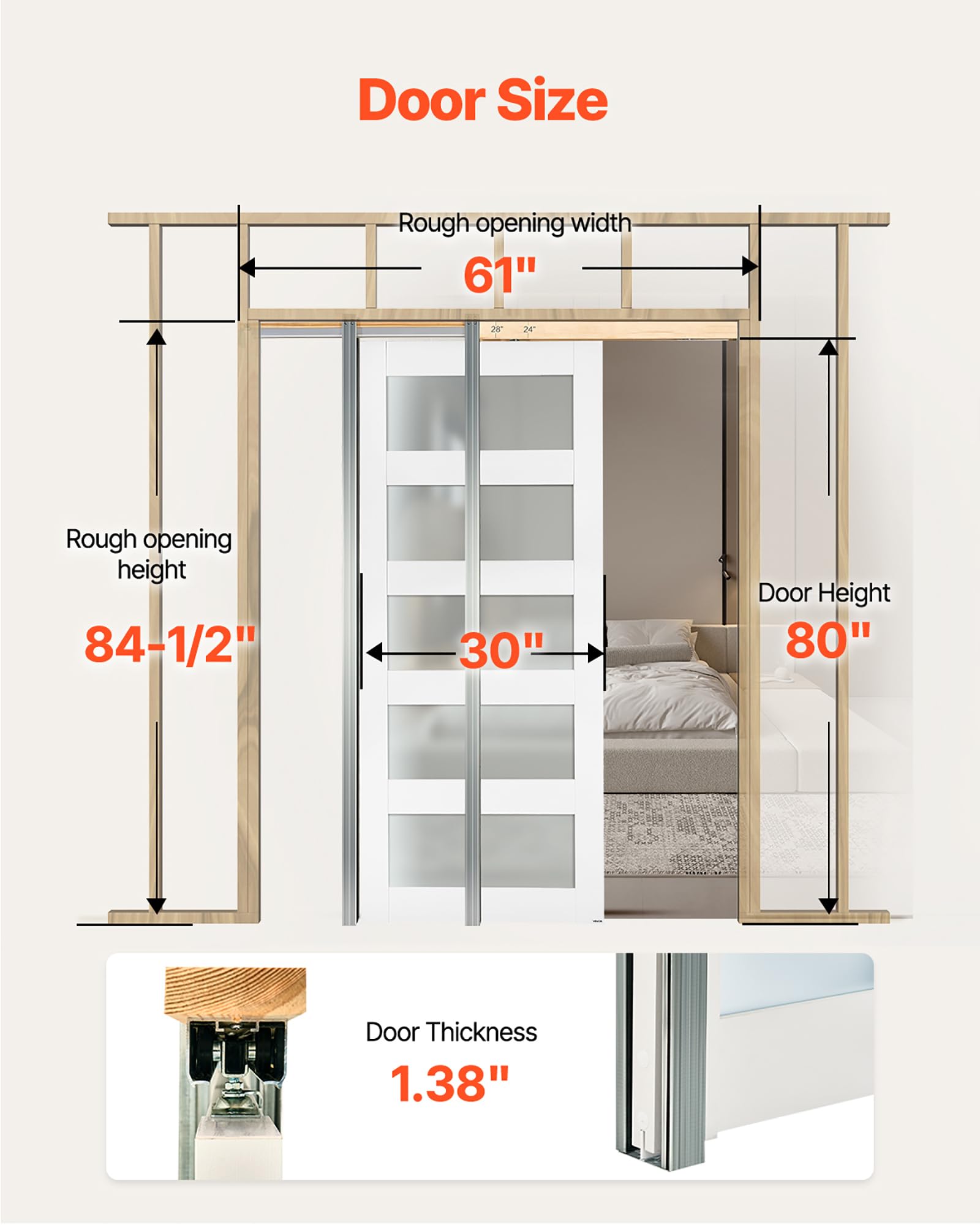 VEVOR Porte Coulissante Escamotable 203,5x76,5 cm, Simple Porte à Galandage avec 5 Panneaux en Verre Dépoli, Kit de Quincaillerie, Robuste en Bois Massif et MDF, pour Chambre, Cuisine, Bureau