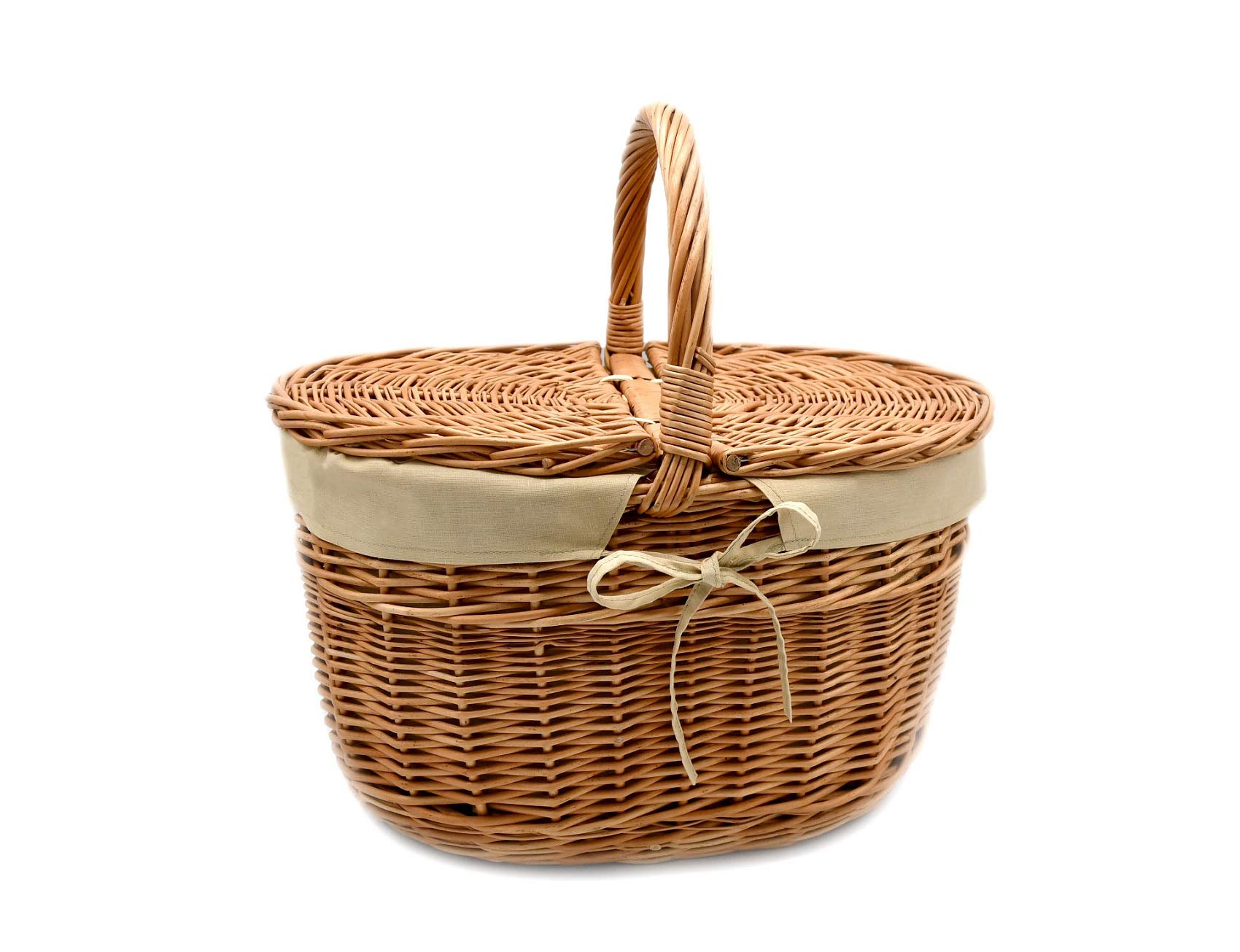 Einkaufskorb Korb Picknickkorb Tragekorb mit 2 Deckeln Weidenkorb Vollweide geflochten mit Stoffeinlage 40/30/23cm (40 mit Henkel) K12-027-SB