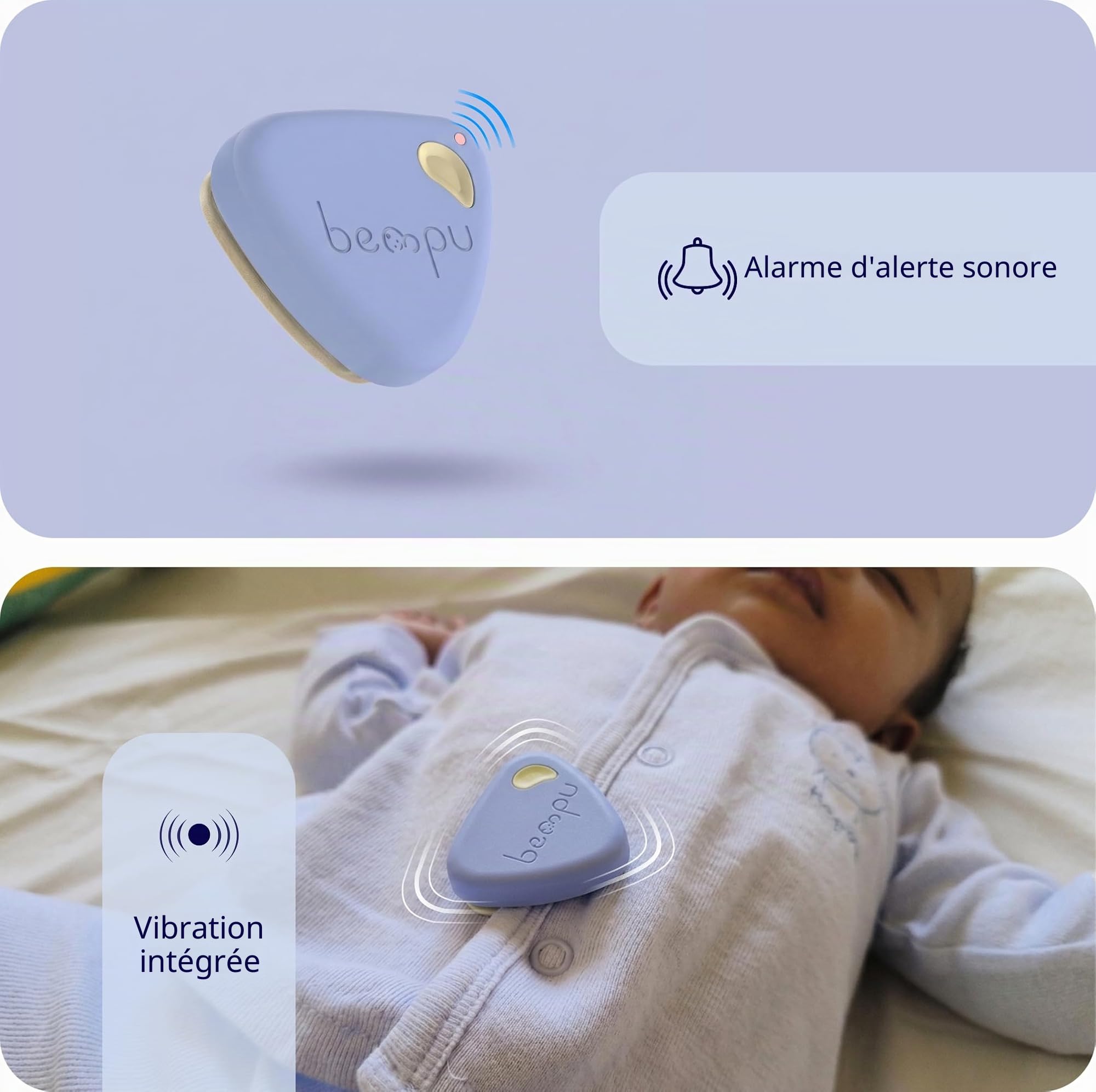 Bellybutton Moniteur de respiration intelligent pour bébé pour un sommeil plus sûr avec vibrations douces, notifications d'application, facile à clipser, portable, matériaux de qualité médicale