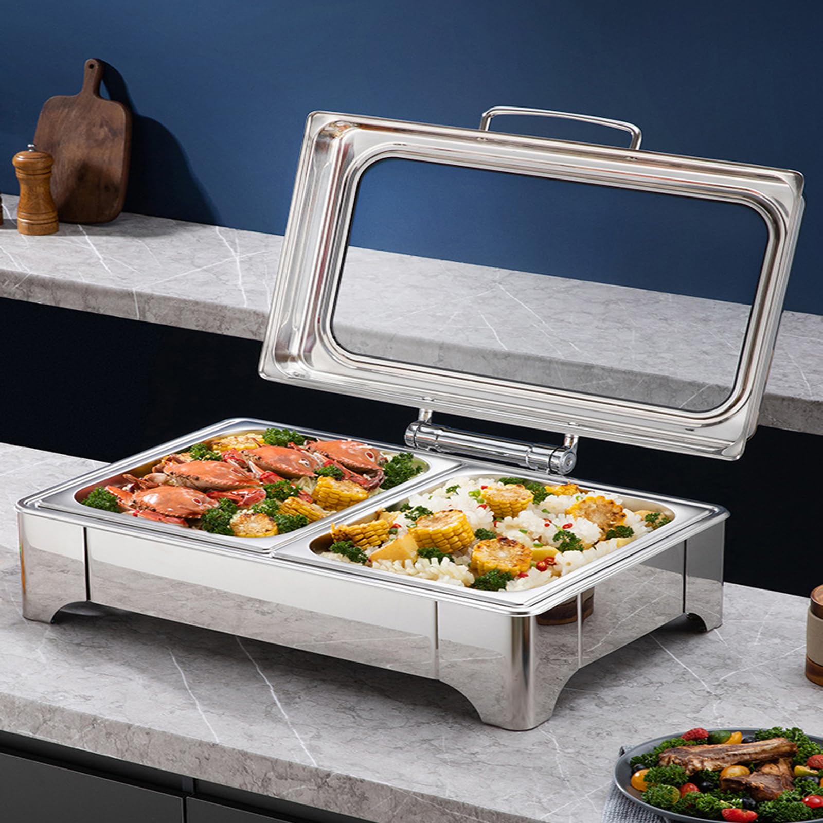 Réchaud Buffet Double Compartiment 11L En Inox – Chauffe-plats à Alcool Pour Mariage, Fête, Banquet - 2