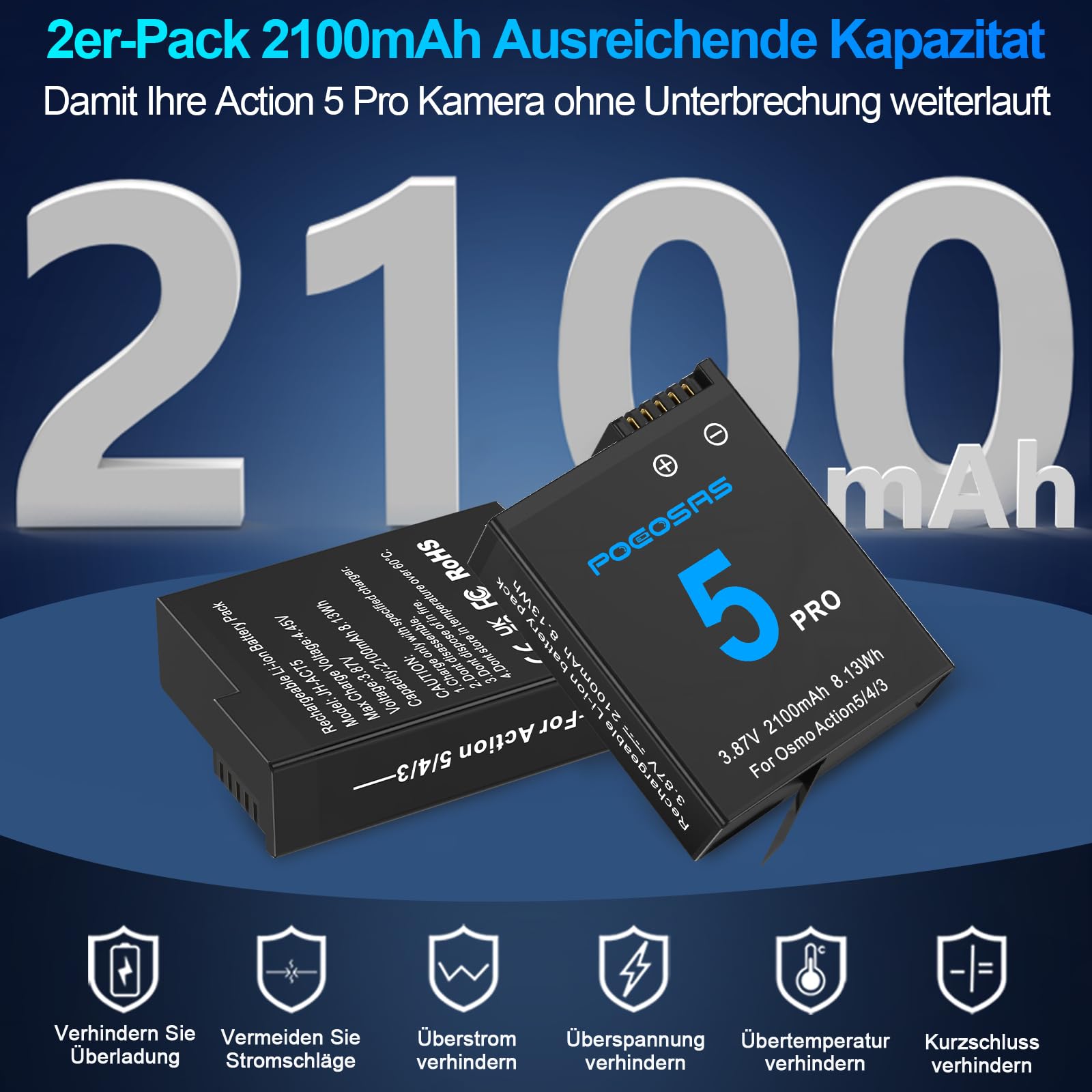 Osmo Action6/5 Pro/4/3 Akku Ladegerät Set, 2100mAh 2er Pack Akku und 3 Kanal Schnellladegerät-Hub, kompatibel mit DJI OSMO Action 6, OSMO Action 5 Pro, Osmo Action 4, Osmo Action 3 Kamera