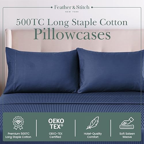 Miniatura 4 de Feather & Stitch Juego de 2 piezas de fundas de almohada, tamaño King, azul oscuro, 100% algodón damasco a rayas, 500 hilos, 20 x 40 pulgadas, satén