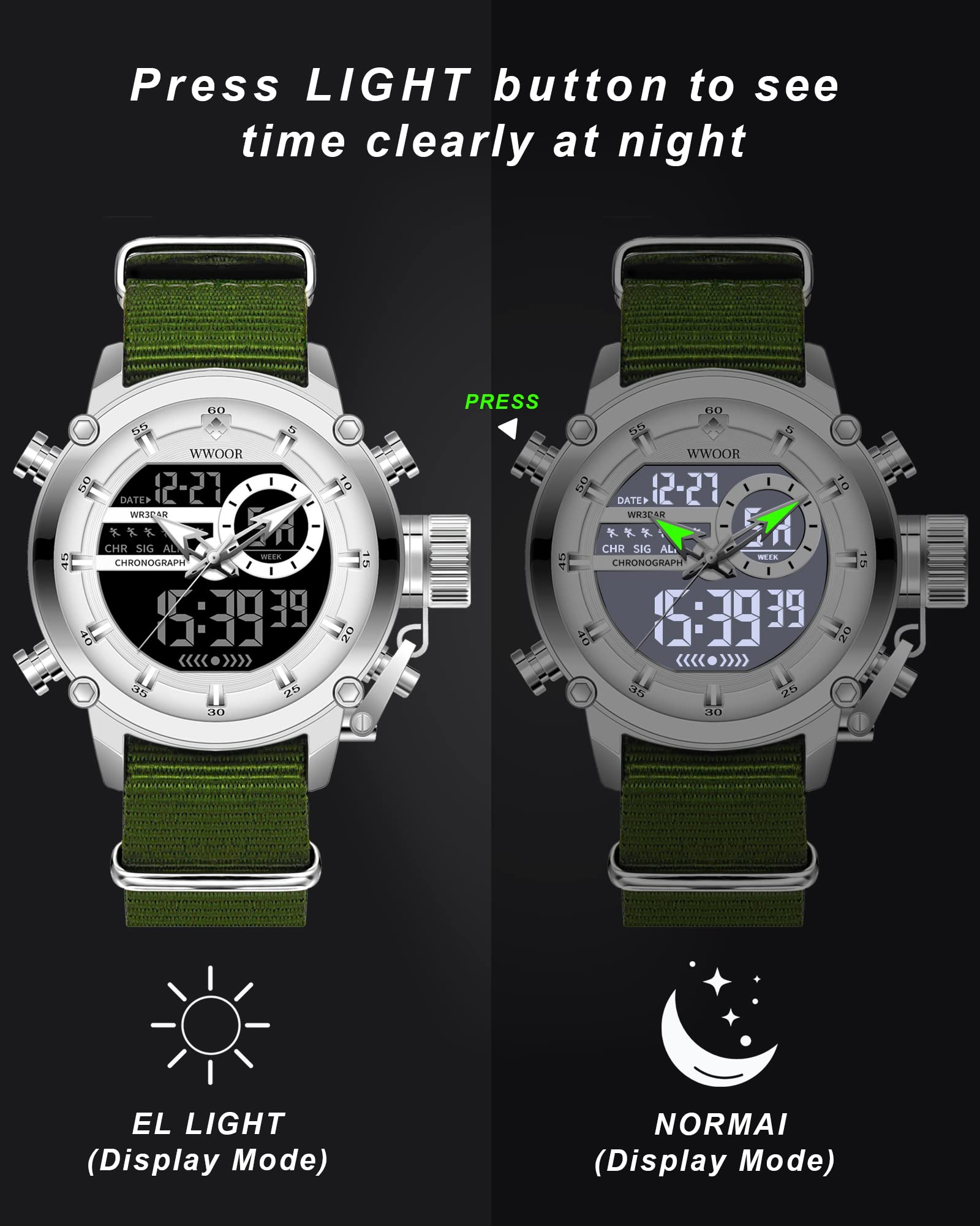 WWOOR Orologio da uomo, sportivo, impermeabile, militare, con data, multifunzione, tattica, orologio da uomo, con sveglia, cronometro, 01-NL-bianco, digitale, al quarzo
