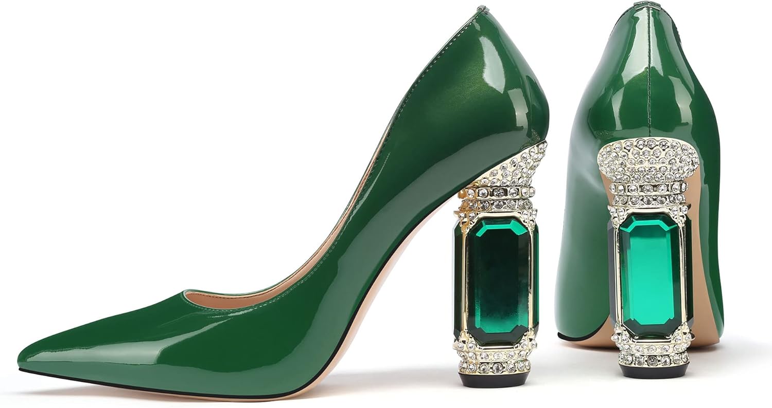 JANSEVEN Women Chunky Heels Pumps Crystal Block Heels with Rhinestones Pointed Toe Sexy Gradient Patent Leather Slip on Bridal Party Wedding Dress Shoes 5-13 M US - Image 3