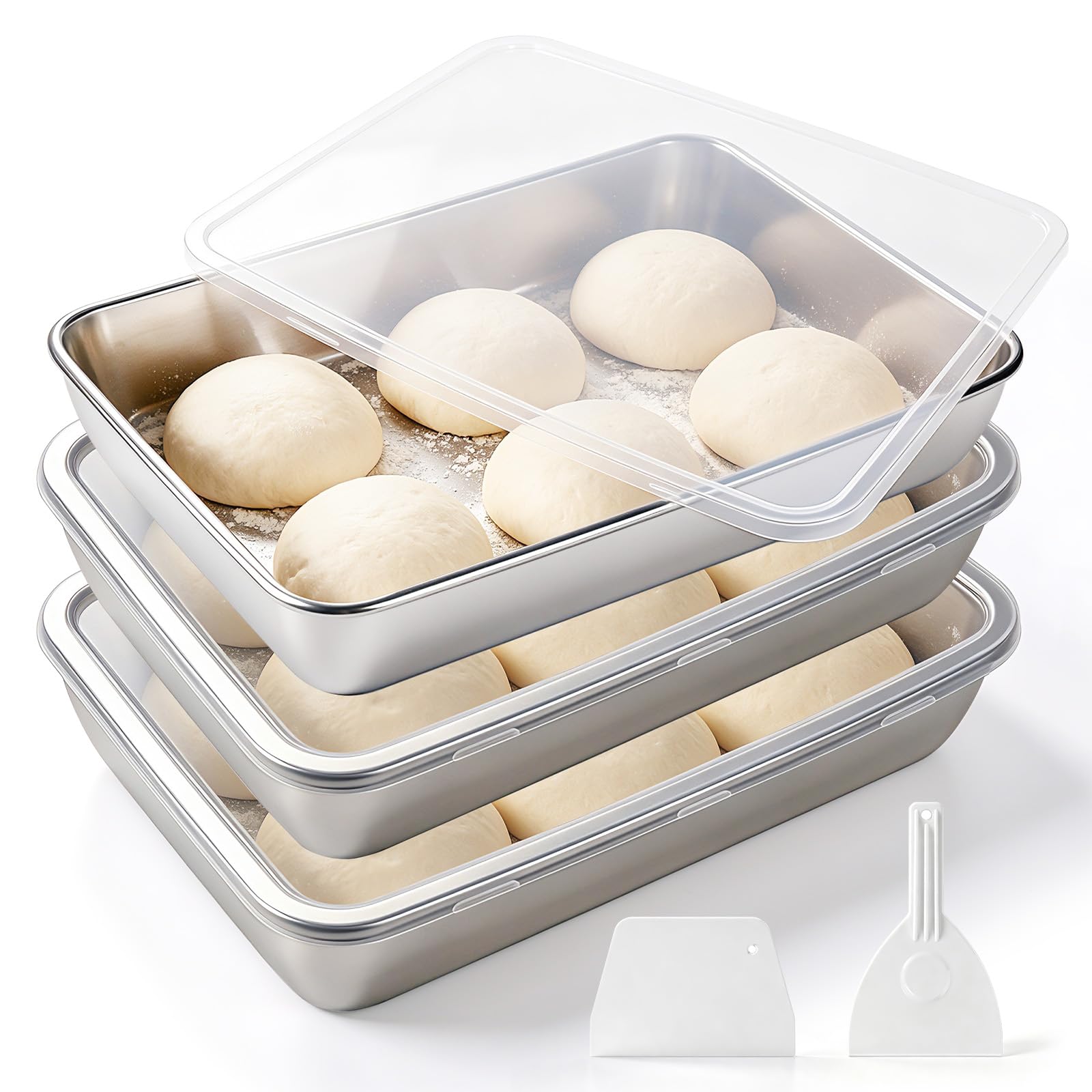 Pizzaballenbox Edelstahl mit Deckel, 3er-Set Pizzaballenbox Edelstahl 304