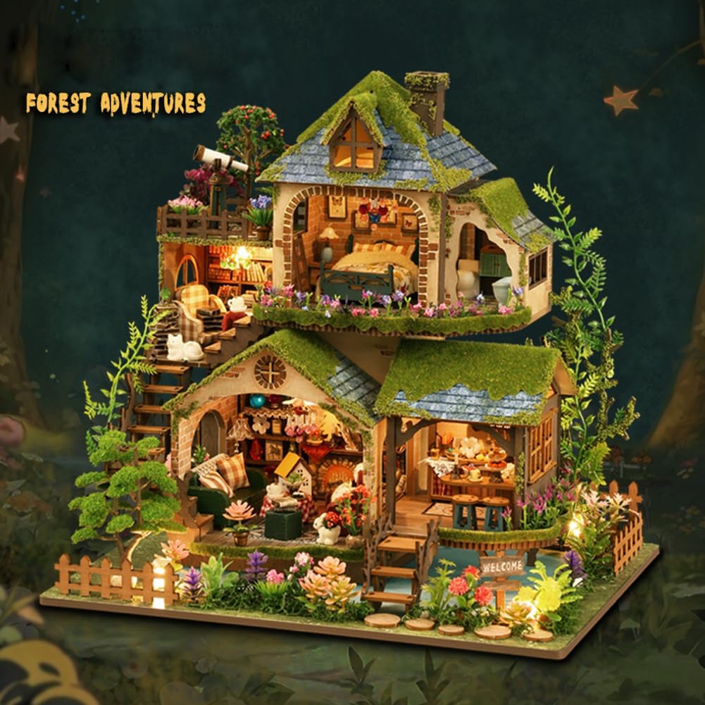 Yuzhen DIY Miniature Dollhouse with Furniture and LED Lights, Wooden Dollhouse Includes Dustcover and Music Movement