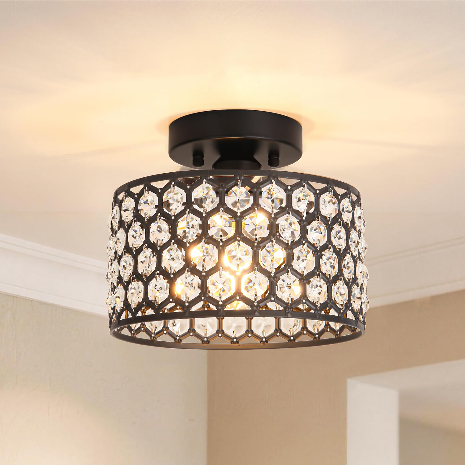 Black Crystal Ceiling Light Fixture - Modern Semi Flush Mount Ceiling Chandelier Lighting for Hallway Kitchen Foyer Dazzling