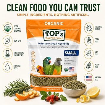 TOP's Parrot Food Bird Pellets for Small Hookbills - Non-GMO, Peanut Soy & Corn Free, USDA Organic Certified (1lb)