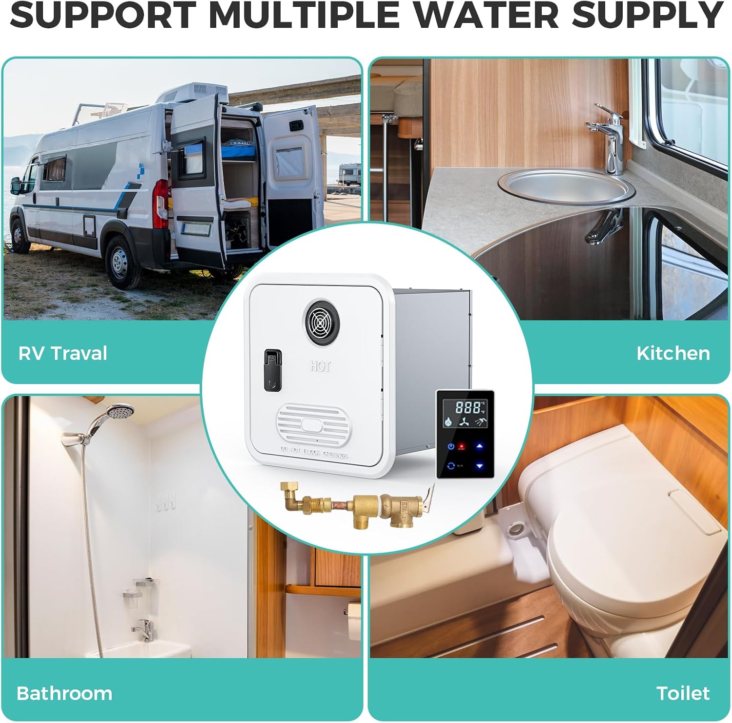 RV Tankless Water Heater, High Altitude Available, with White Door and Controller, DC 12V, On Demand Instant Hot Water Heater, With RV Extra External Water Outlet, Push-To-Open Door