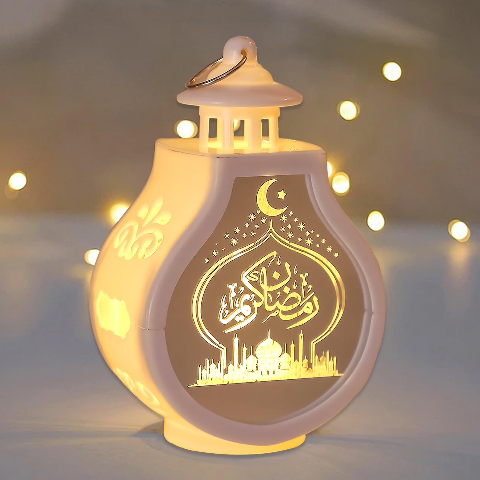2 Stück Ramadan Laterne Holz - Eid Mubarak Dekoration Mit LED Licht - Mond Und Burg Ornament
