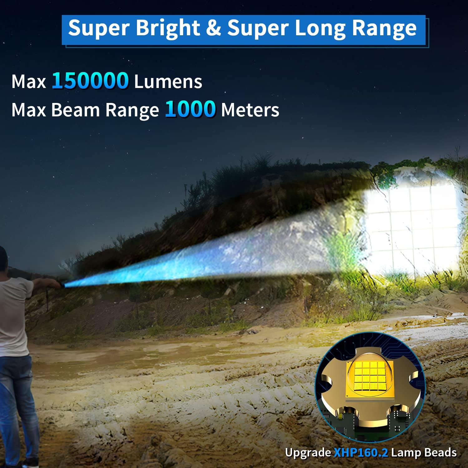 Lampe de poche LED 150 000 lumens - Extrêmement lumineuse - P160.2 - Rechargeable par USB - 8 à 12 heures d'autonomie - 5 modes d'éclairage zoomables - Étanche IP55 - Pour le camping et les