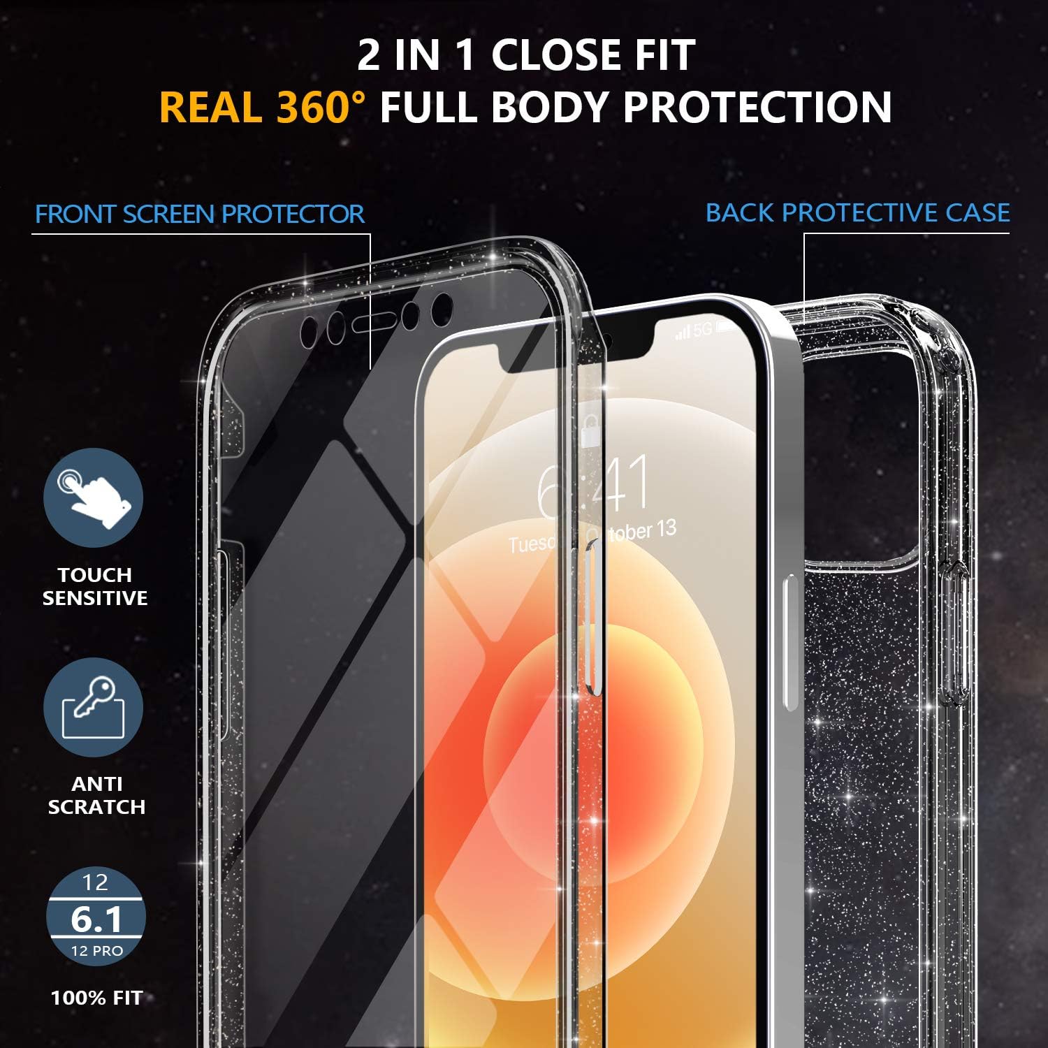 Diaclara Compatible with iPhone 12 Mini Case with [Built-in Screen Protector Touch Sensitive Anti-Scratch] Rugged Full Body Protection Sparkly Glitter Clear Case Compatible with iPhone 12 Mini 5.4"