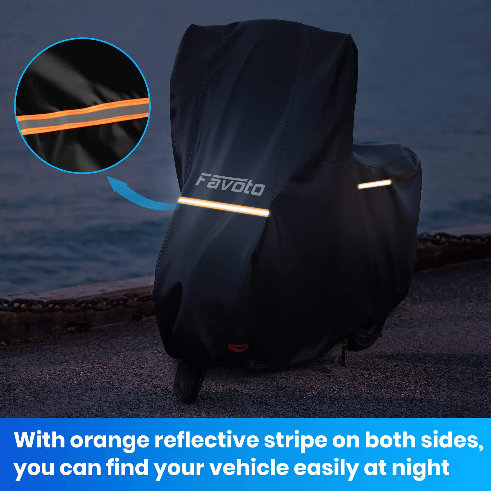 Favoto Funda para Moto Cubierta de Motocicleta 210D Oxford con Parabrisas Alto Tiras Reflectantes, Resistente a Agua Polvo Lluvia Viento Excrementos de Pájaros, 245x105x160cm Negro