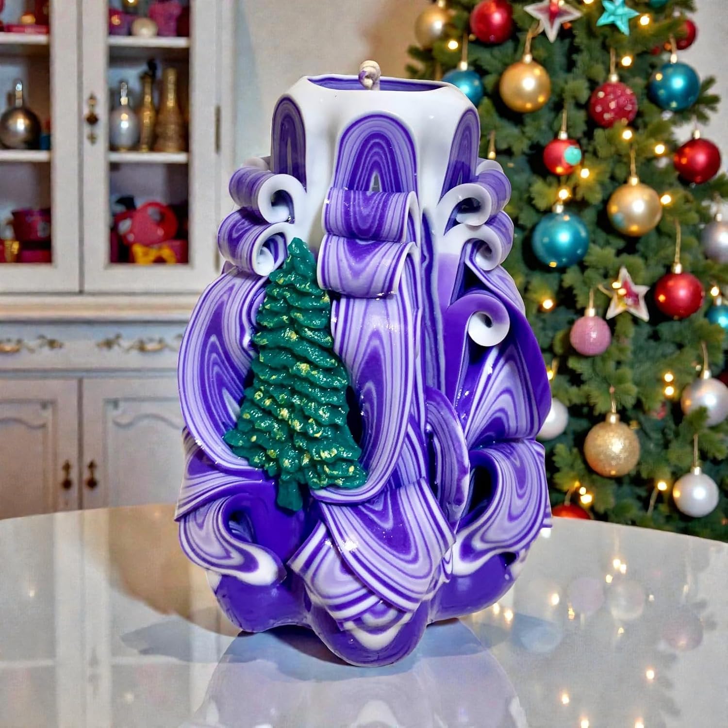Purple Carved Candle with Christmas Tree• Handmade Decorative Gift Candle • Holiday Home Decor