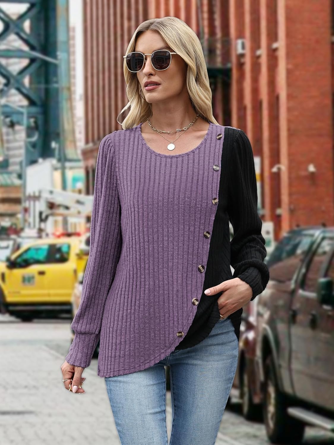 MixShe Womens Knit Sweaters 2025 Fall Winter Casual Long Sleeve Ribbed Colorblock Button Pullover Tops - Image 3