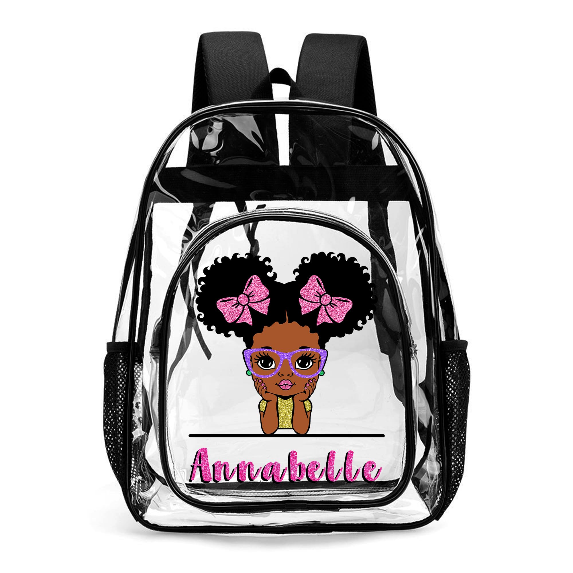 Prints Fun Personalized School Clear Backpack for Girls with Name, Custom Kids Clear Backpack for Girls with PVC Waterproof Reinforced Strap & Large