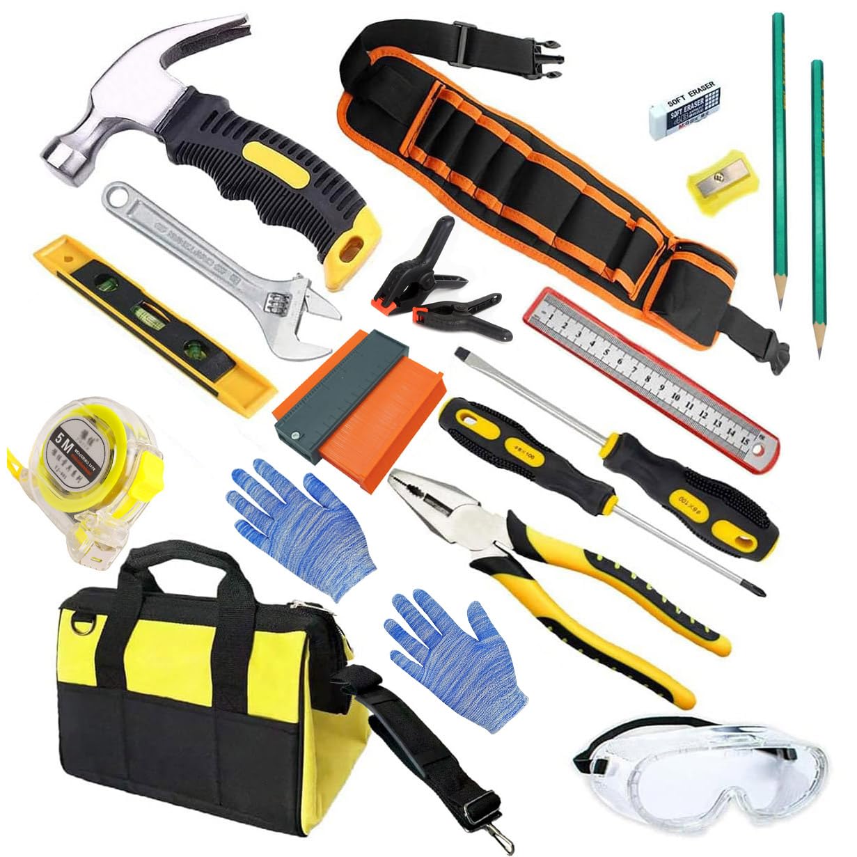 Real Kids Tool Set -Kids Tool kit for Starter with Hammer,Tool Belt,Safety Goggles, Pliers, Wrench,Screwdrivers & Bag,Children's DIY Play Tools for Boys /Girls /Beginner Learning Gift