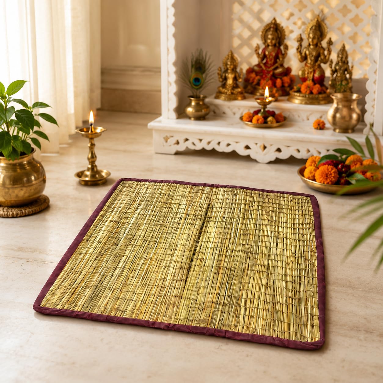 Achleshwar Natural Kusha Grass Aasan for Puja,Mandir, Yoga, Meditation, Pranayam, Natural Foldable Pooja Sitting Chatai, Multi Purpose Traditional Floor Mat Aasan Size 22 x24 inch daab aasan-image-9