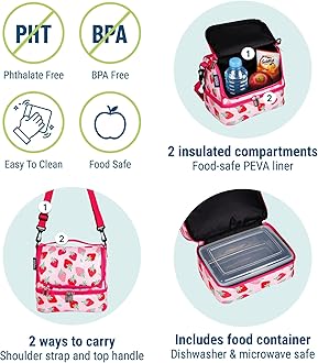 Wildkin Two Compartment Insulated Lunch Bag for Kids – School & Travel Ready - Strawberry Patch