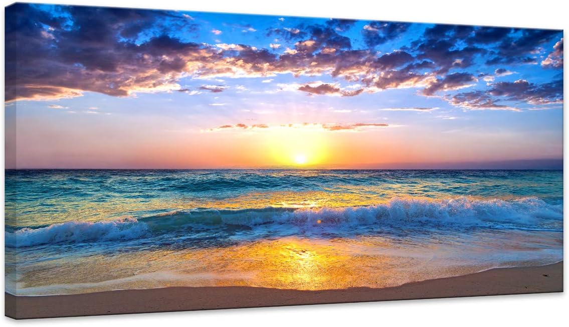 Wall Art for living room Canvas Print Artwork Wall Art Decor Blue ocean Waves Sun seaview Poster painting bedroom wall decorations Beach Seascape Canvas Prints Picture Office Works Home Bathroom