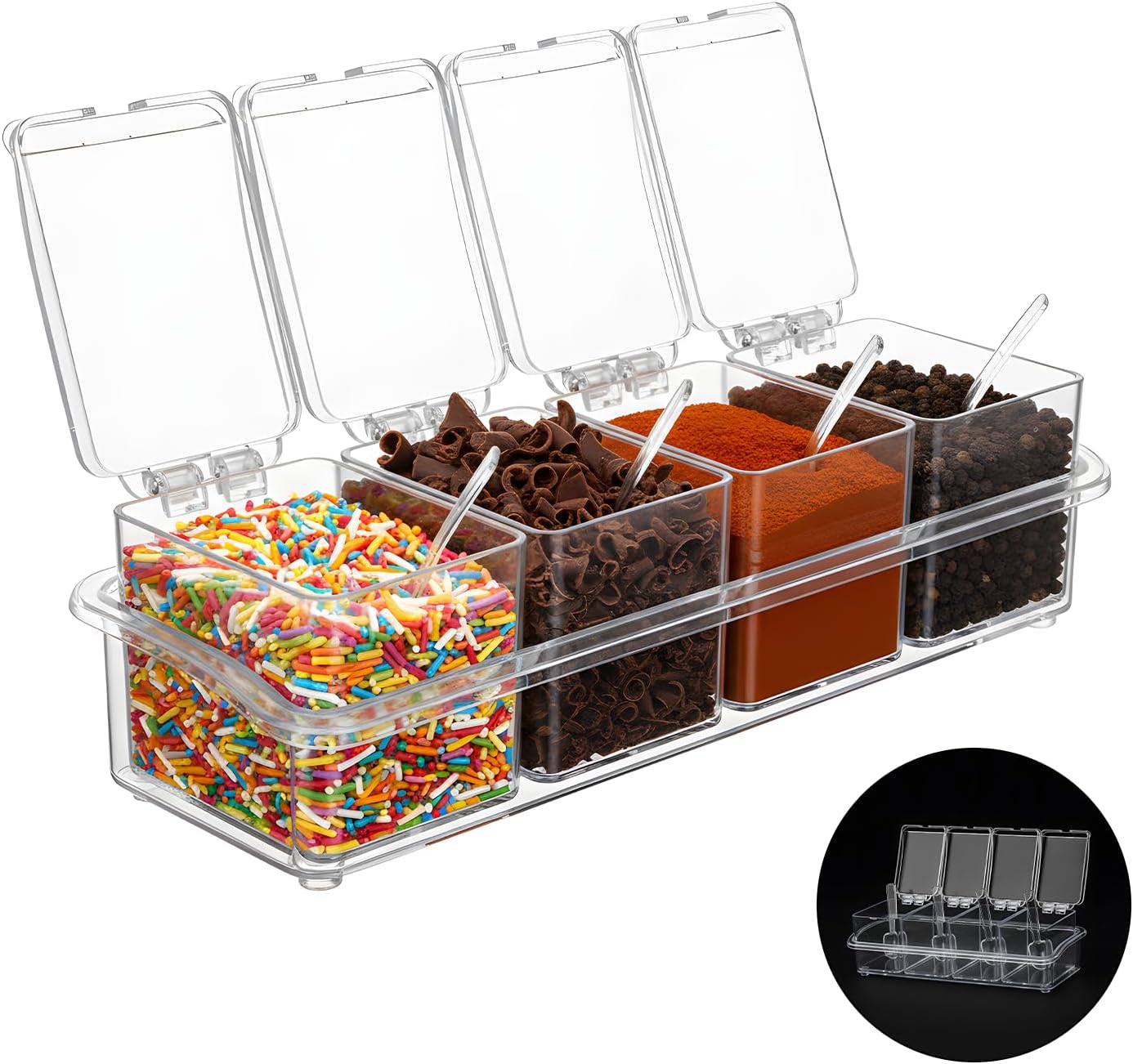 8 Pcs Hot Cocoa Bar Supplies Clear Acrylic Sugar Bowls and Seasoning Spice Box with Cover and Spoon Cocoa Marshmallows Peppermints Chocolate Chips Storage Container for Hot Chocolate Bar