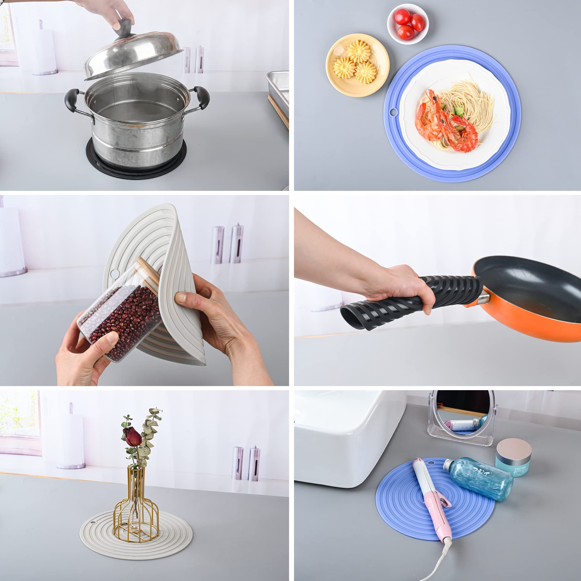 Lot de 4 dessous de plat pour plats chauds, casseroles et poêles, diamètre de 24 cm, tapis chauds en silicone pour cuisine, tapis résistants à la chaleur pour comptoir, micro-ondes, dessous
