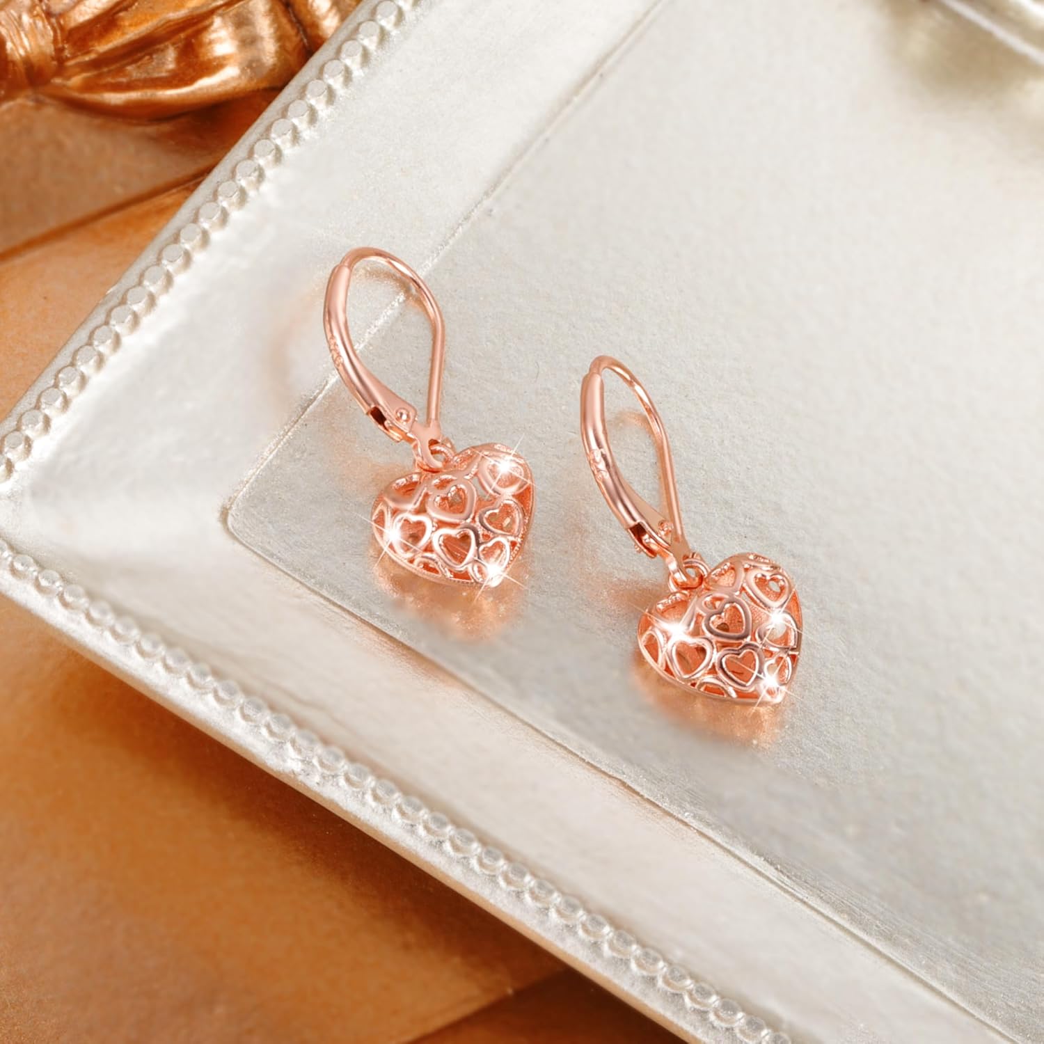 LANCHARMED 925 Sterling Silver 14K Gold French Style Leverback Earrings, Heart Dangle Drop Earrings for Women Hypoallergenic Jewelry - Image 7