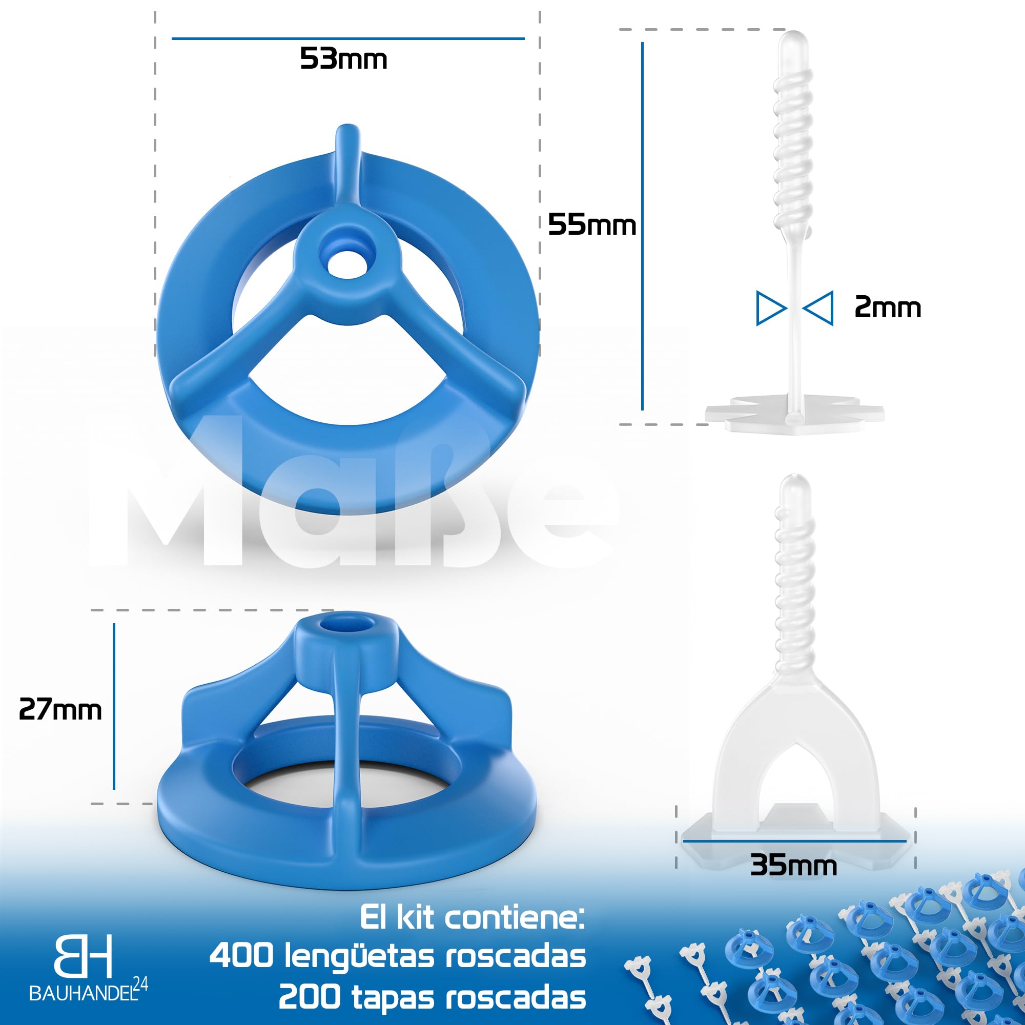 Bauhandel24 sistema de nivelación 400 lengüetas 2 mm 200 tapas roscadas soporte para azulejos 6 mm 16 mm niveladores de azulejos cuñas niveladoras suelo cuñas para azulejos autonivelante para suelo