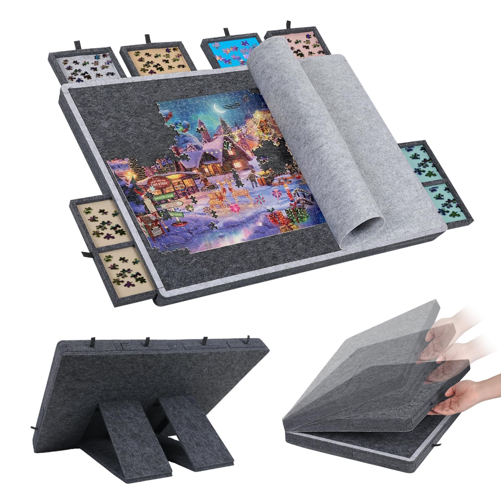 Stół do puzzli, 1000/1500 elementów, z 6 szufladami i pokrywą, składana deska do puzzli, 3 kąty nachylenia, super lekka puzzle ze stojakiem, filcowa deska puzzli dla dorosłych, szary (1000 sztuk)