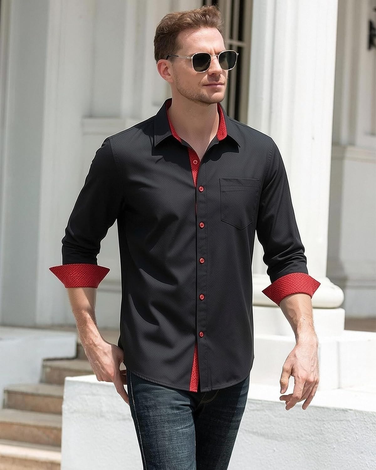 Hi-Tie Men's Wrinkle Free Inner Contrast Jacquard Long Sleeve Button Down Shirt
